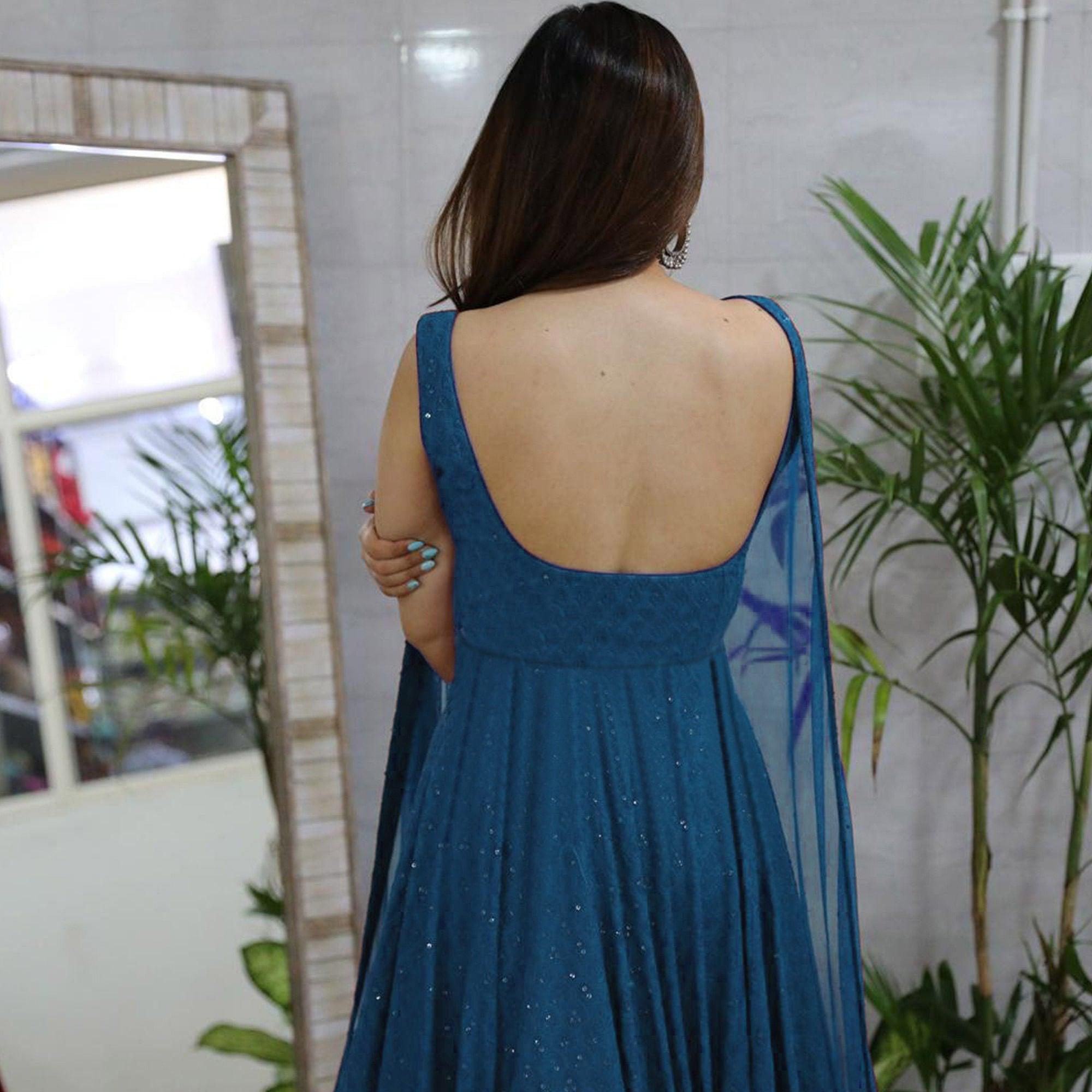 Blue Lucknowi Chikankari Rayon Partywear Gown - Peachmode