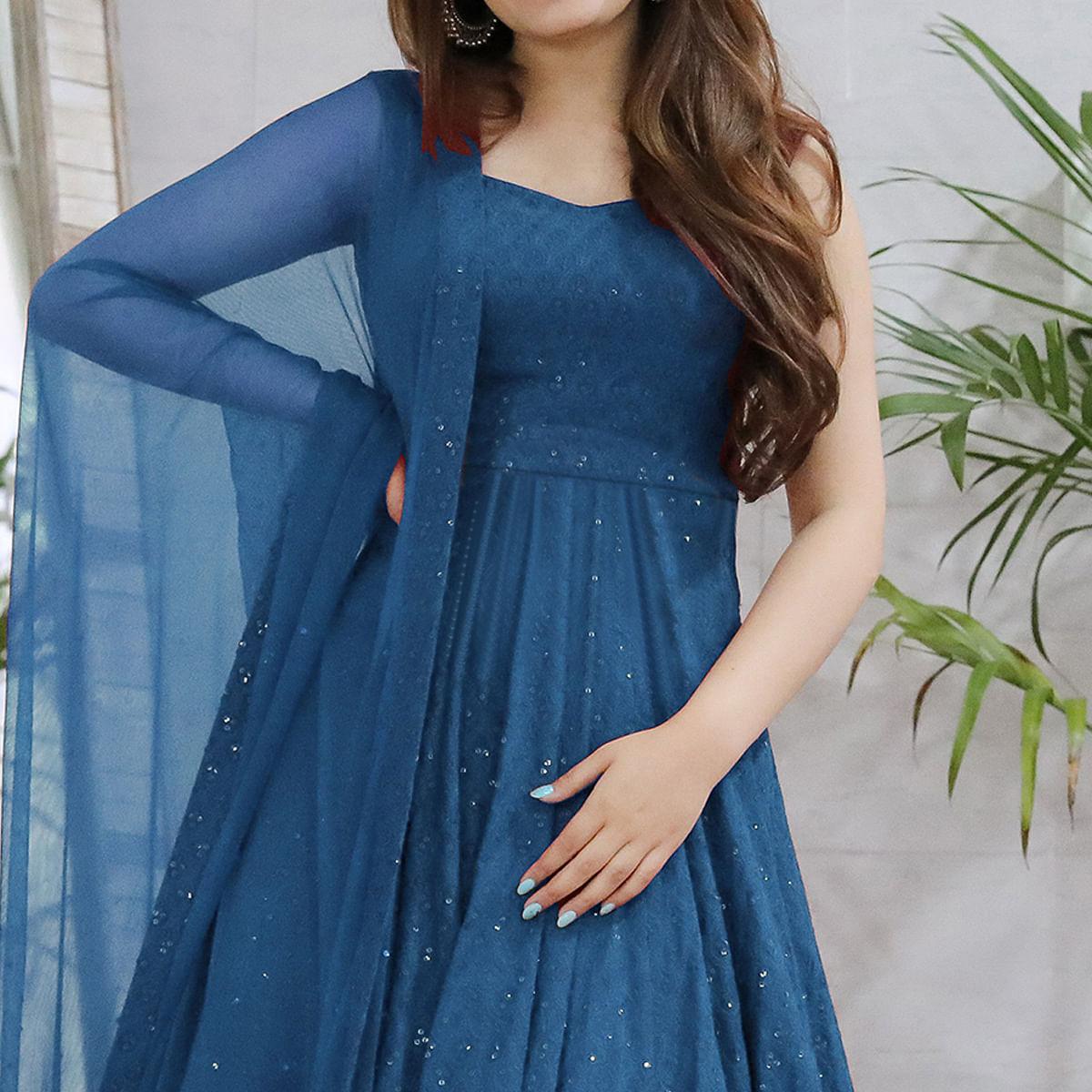 Blue Lucknowi Chikankari Rayon Partywear Gown - Peachmode