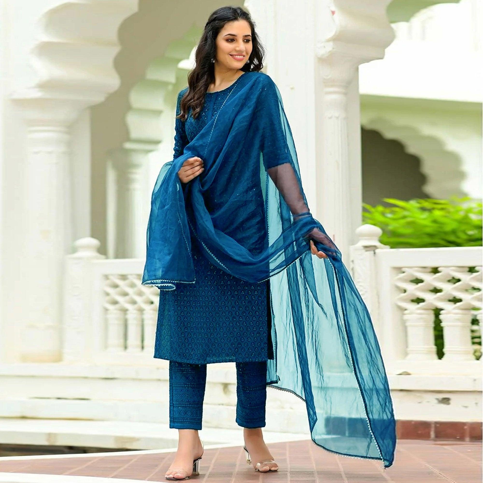 Blue Lucknowi Chikankari Work Rayon Kurti Pant Set With Dupatta - Peachmode