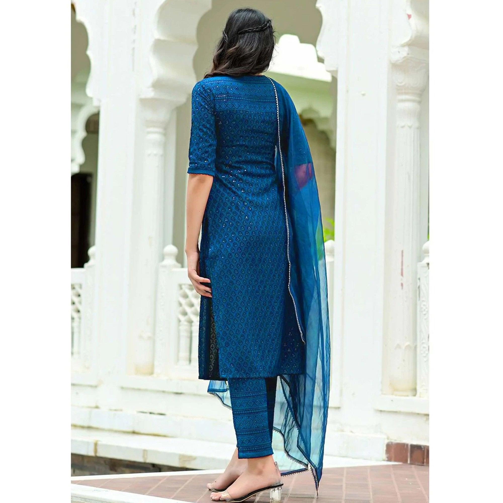 Blue Lucknowi Chikankari Work Rayon Kurti Pant Set With Dupatta - Peachmode