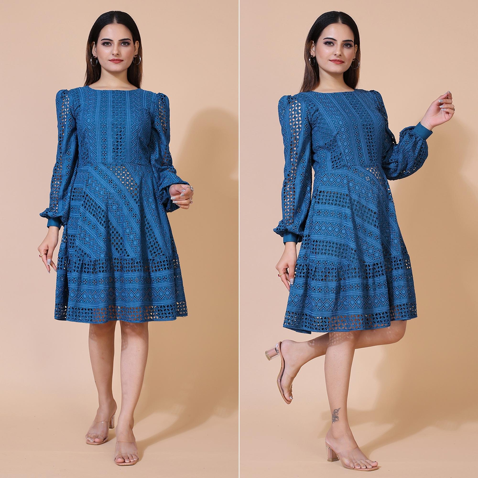 Blue Lucknowi Chikankari Work Rayon Western Dress - Peachmode