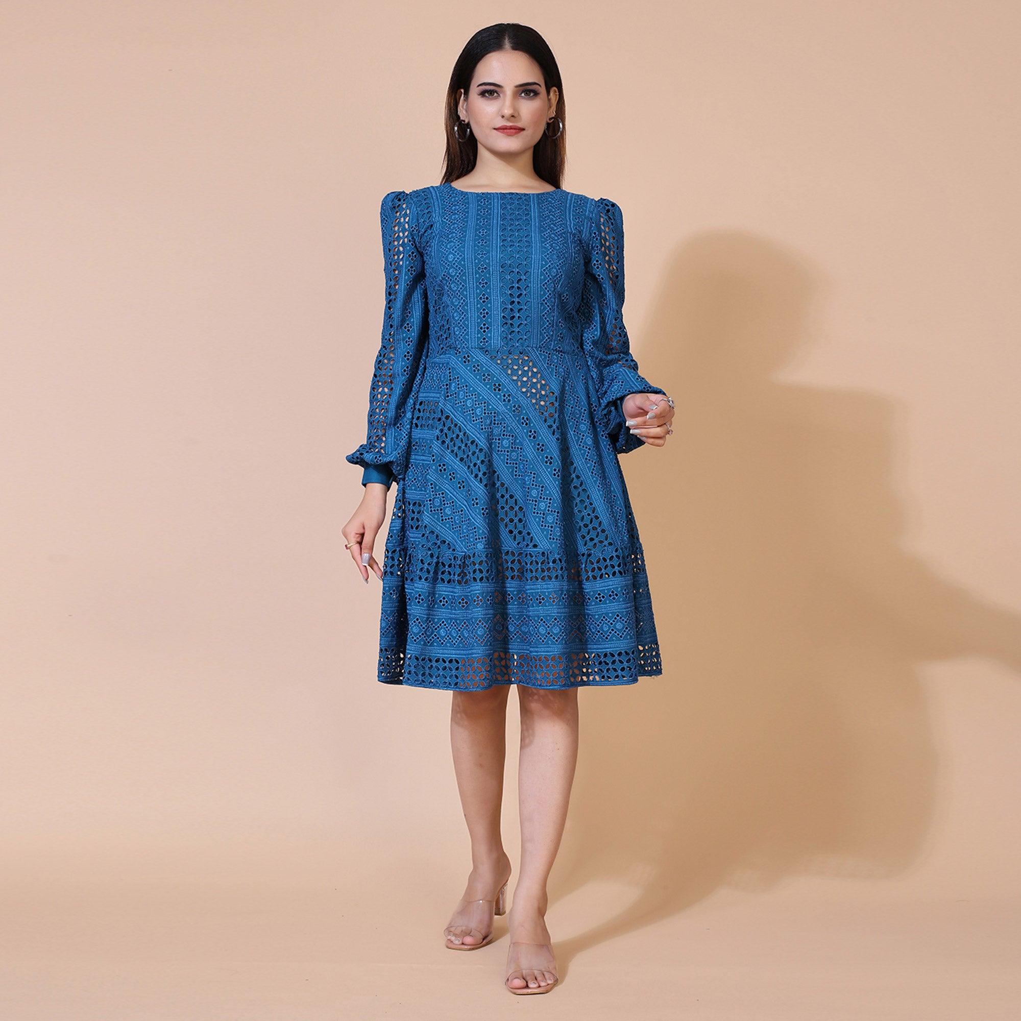 Blue Lucknowi Chikankari Work Rayon Western Dress - Peachmode