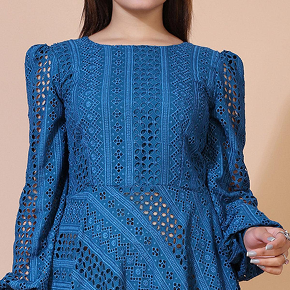 Blue Lucknowi Chikankari Work Rayon Western Dress - Peachmode