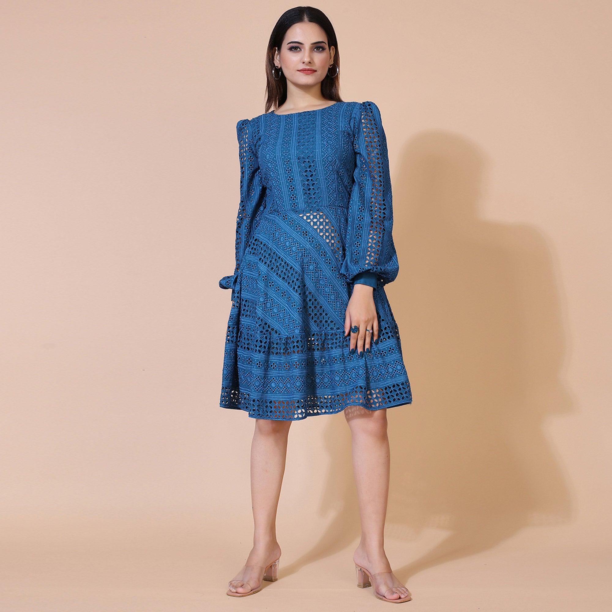 Blue Lucknowi Chikankari Work Rayon Western Dress - Peachmode