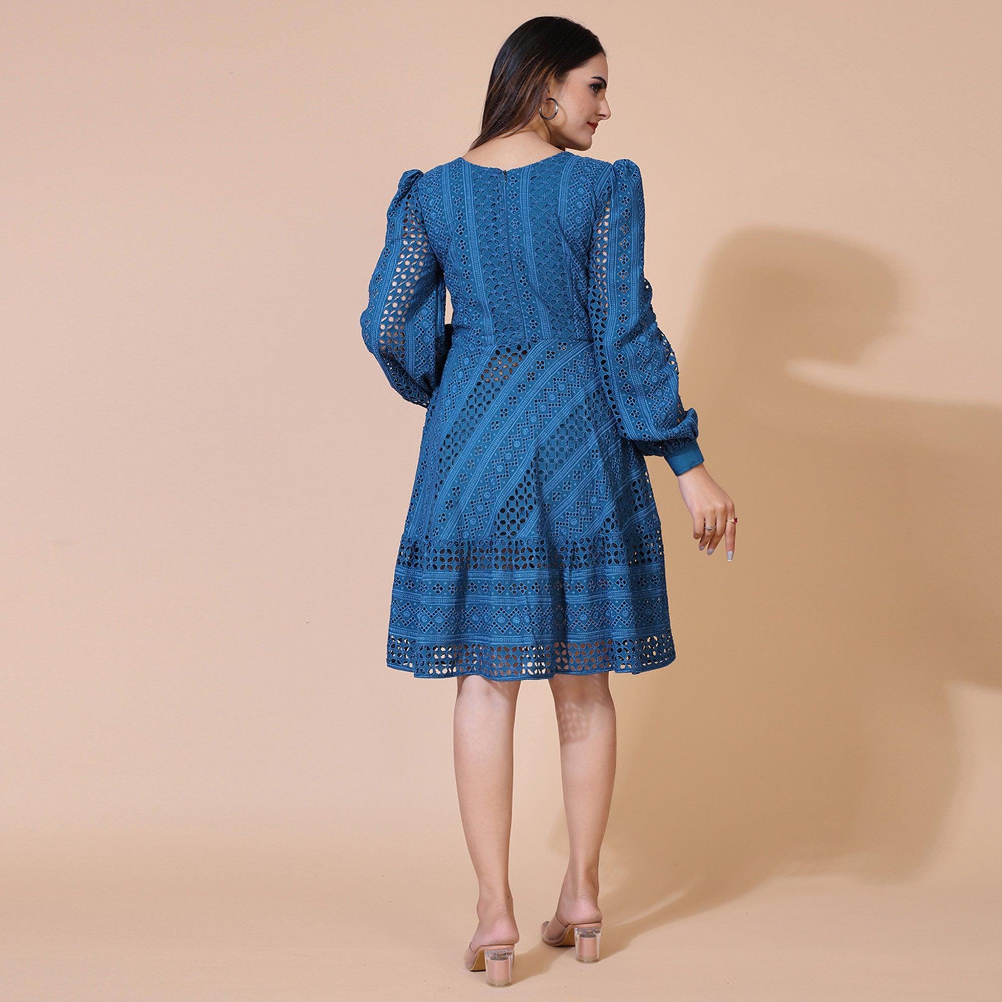 Blue Lucknowi Chikankari Work Rayon Western Dress - Peachmode