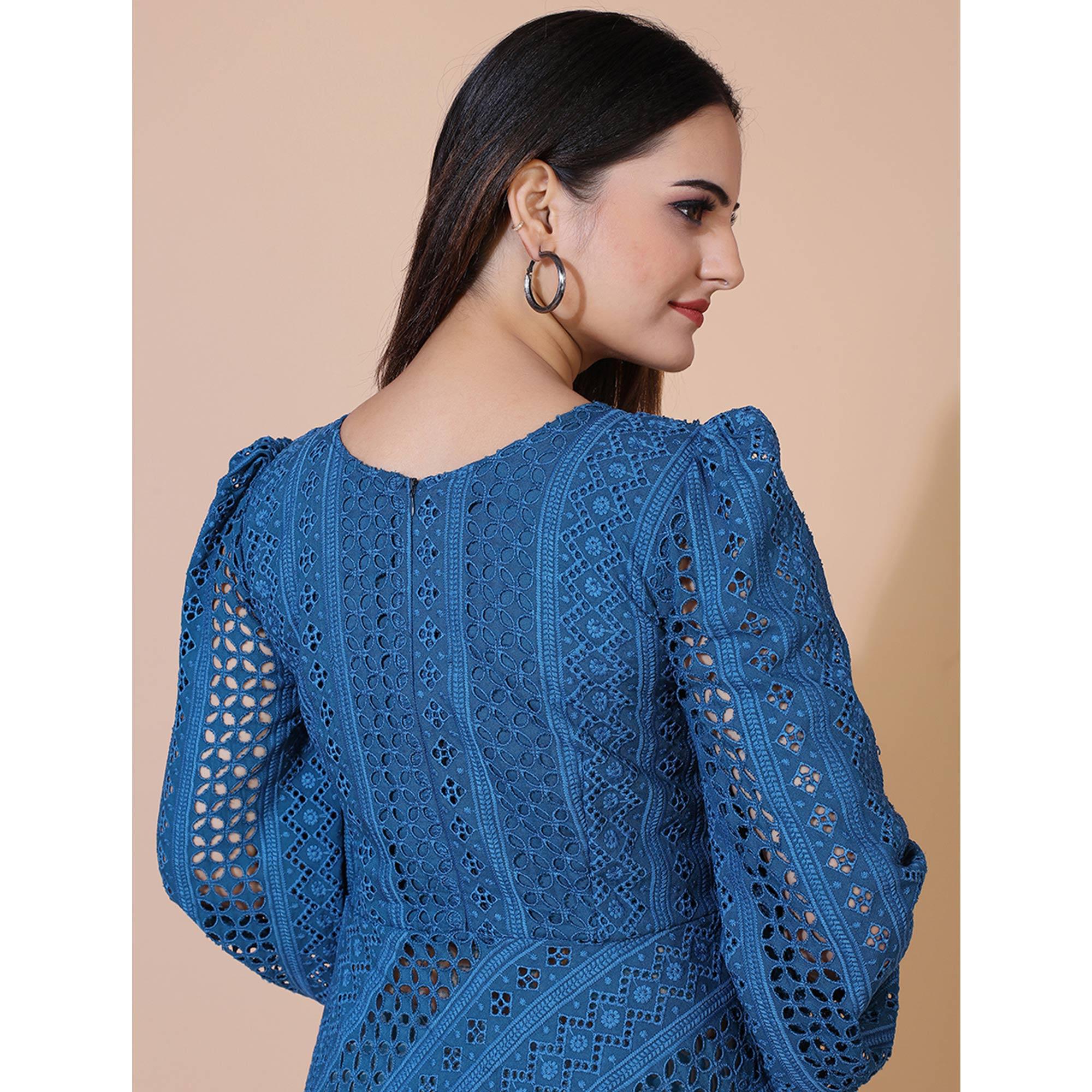Blue Lucknowi Chikankari Work Rayon Western Dress - Peachmode