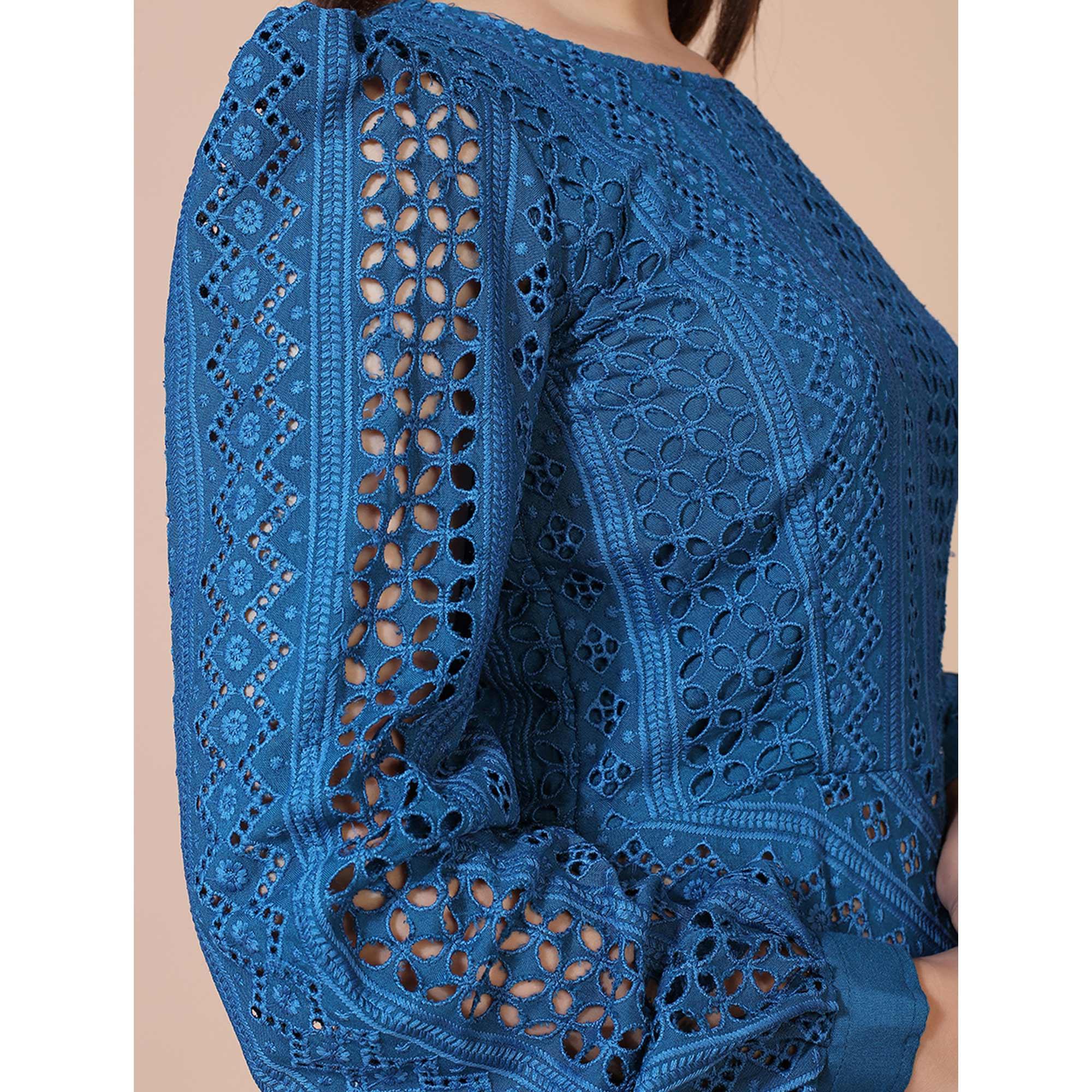 Blue Lucknowi Chikankari Work Rayon Western Dress - Peachmode