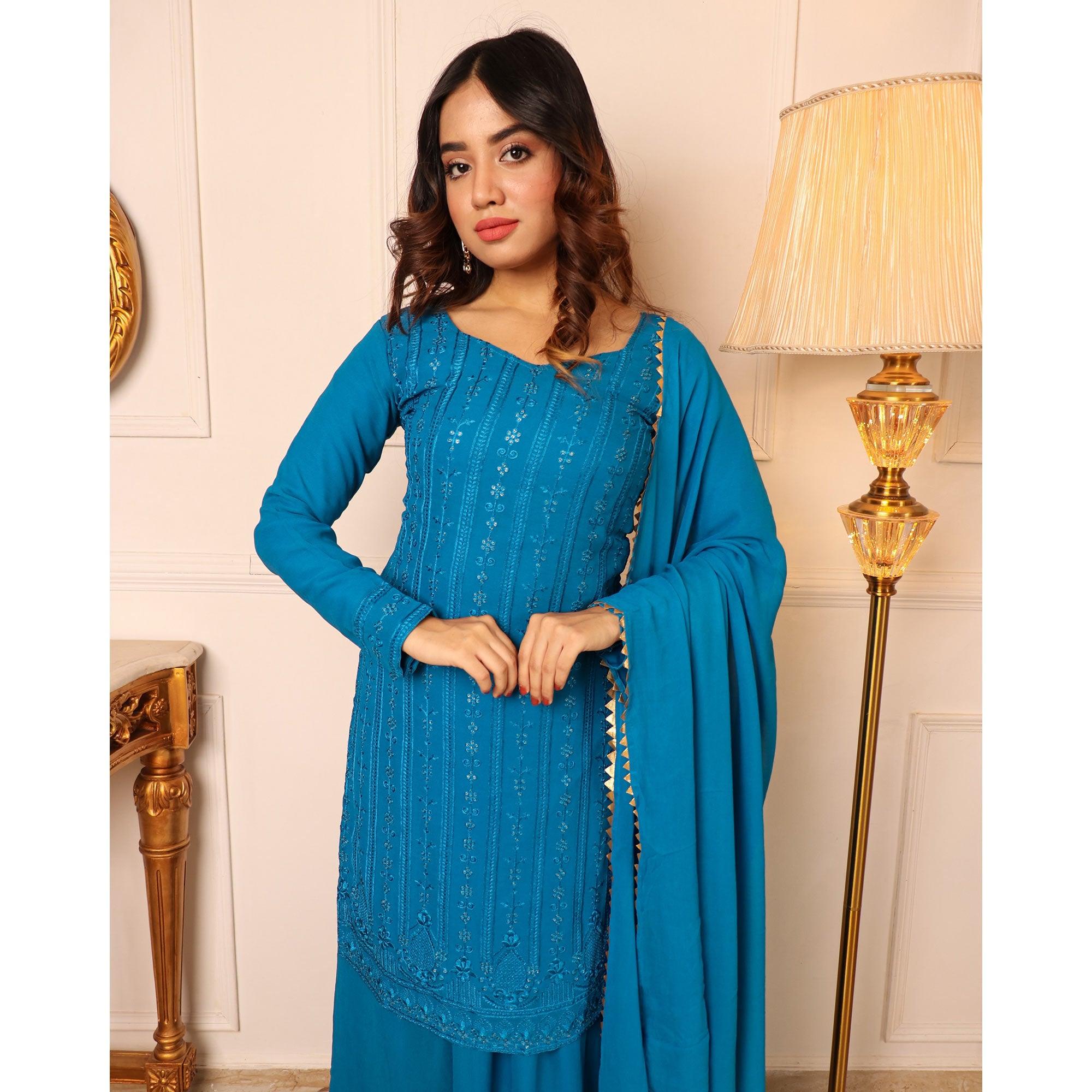 Blue Lucknowi Embroidered Georgette Palazzo Suit - Peachmode