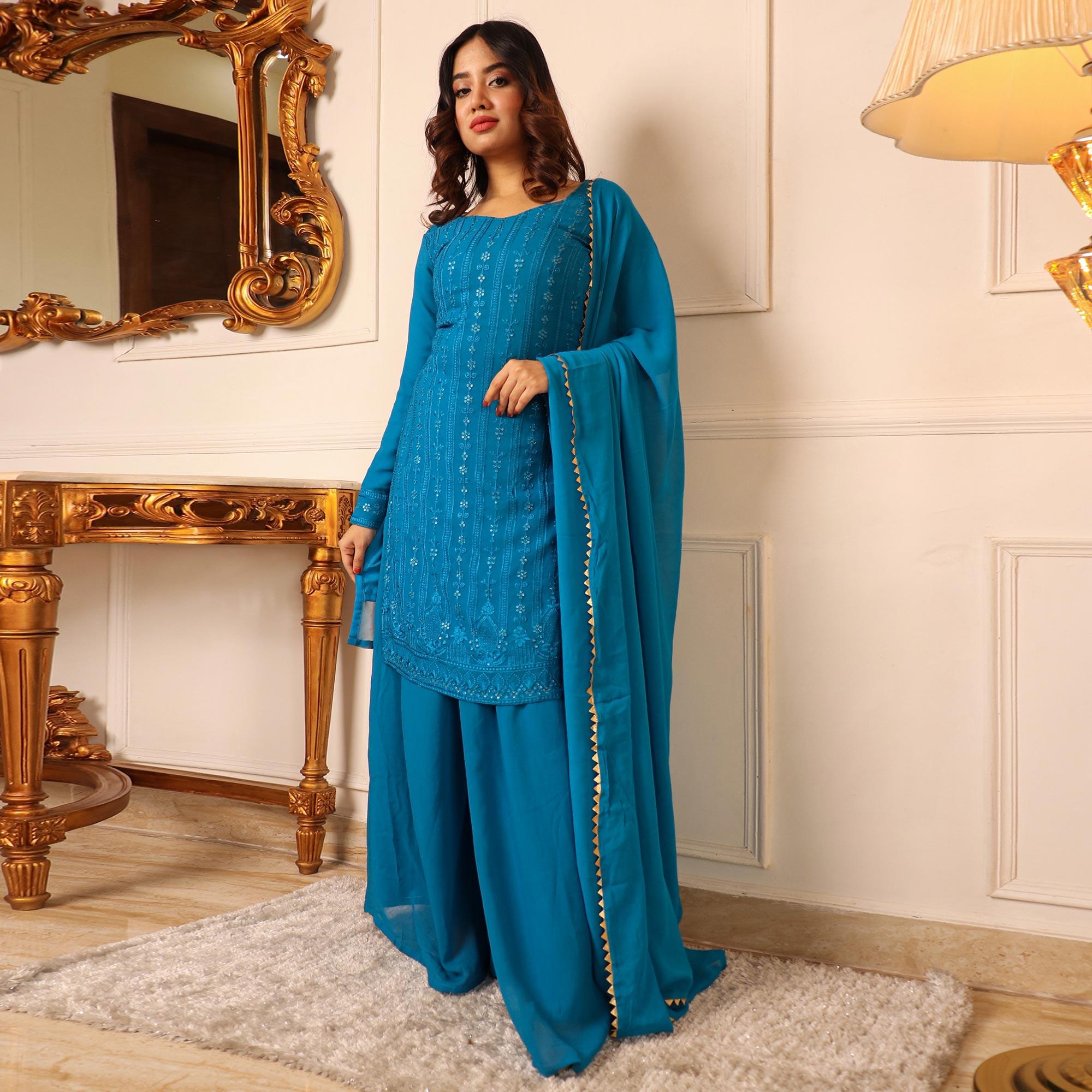 Blue Lucknowi Embroidered Georgette Palazzo Suit - Peachmode
