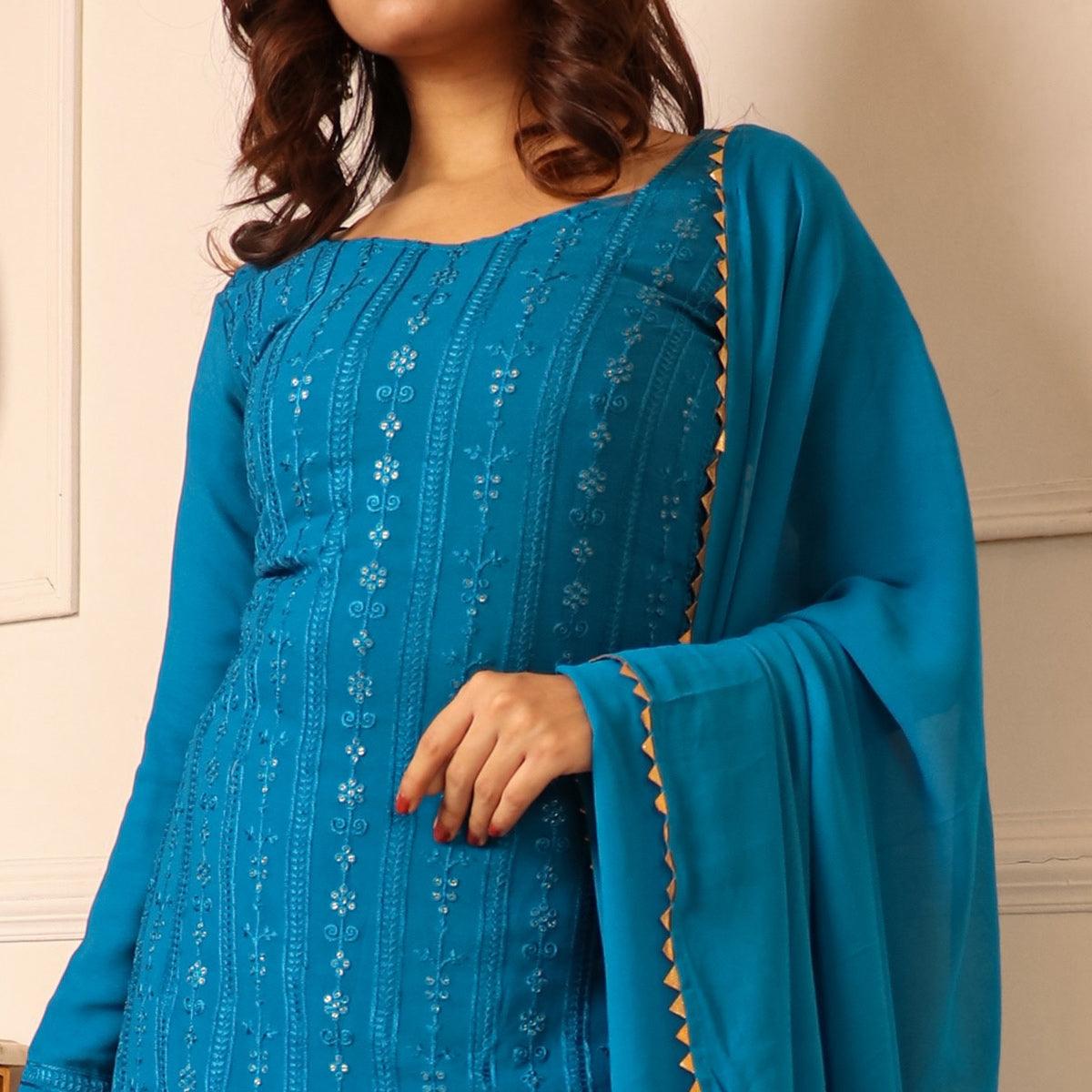 Blue Lucknowi Embroidered Georgette Palazzo Suit - Peachmode