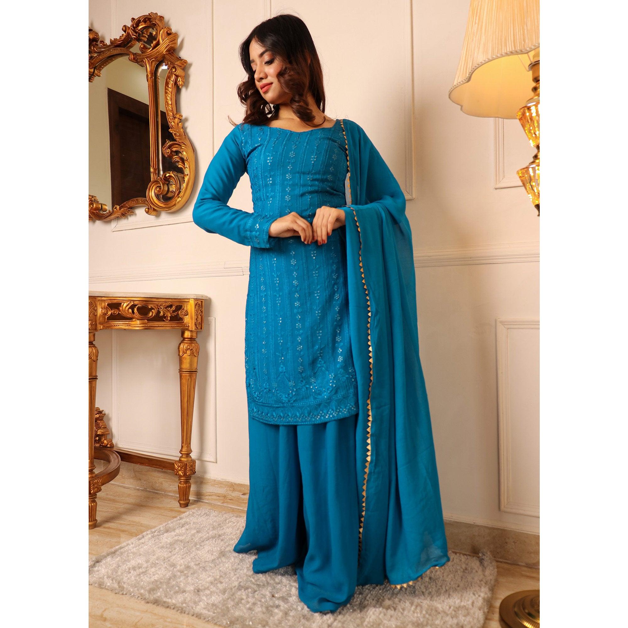 Blue Lucknowi Embroidered Georgette Palazzo Suit - Peachmode