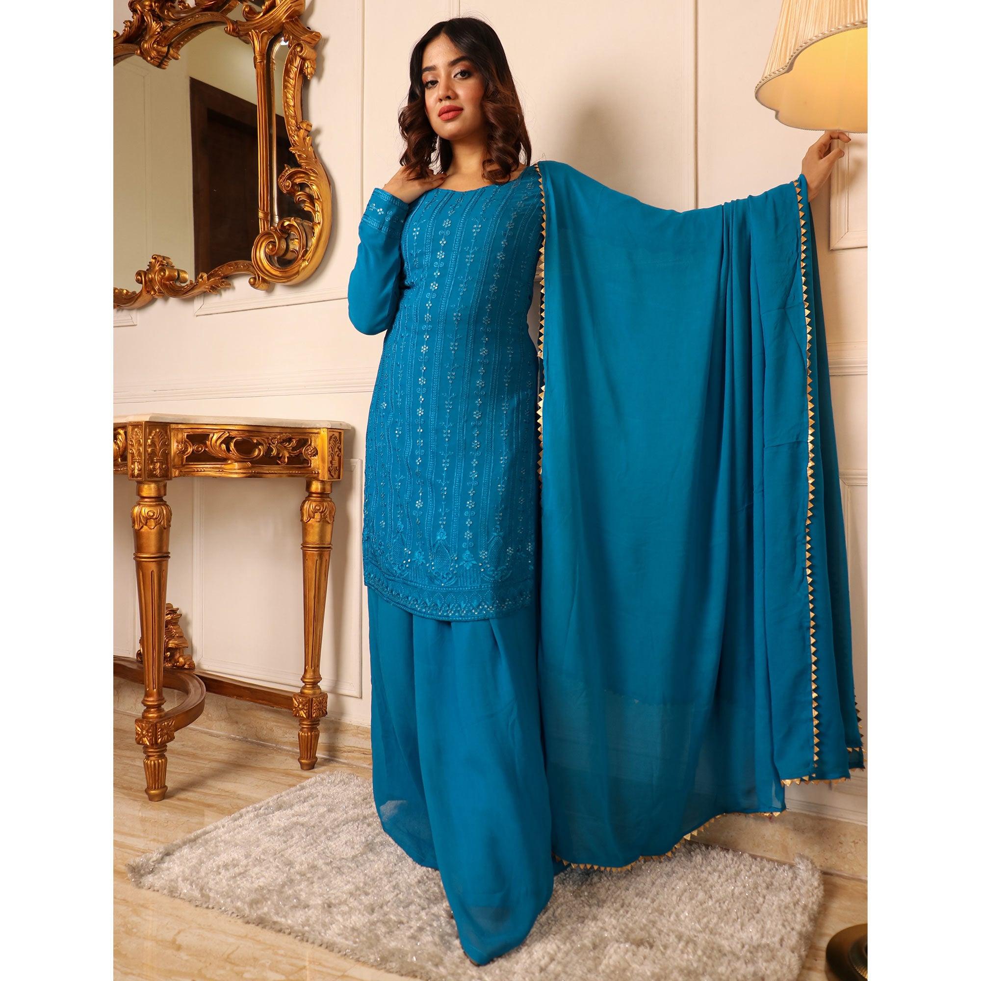 Blue Lucknowi Embroidered Georgette Palazzo Suit - Peachmode