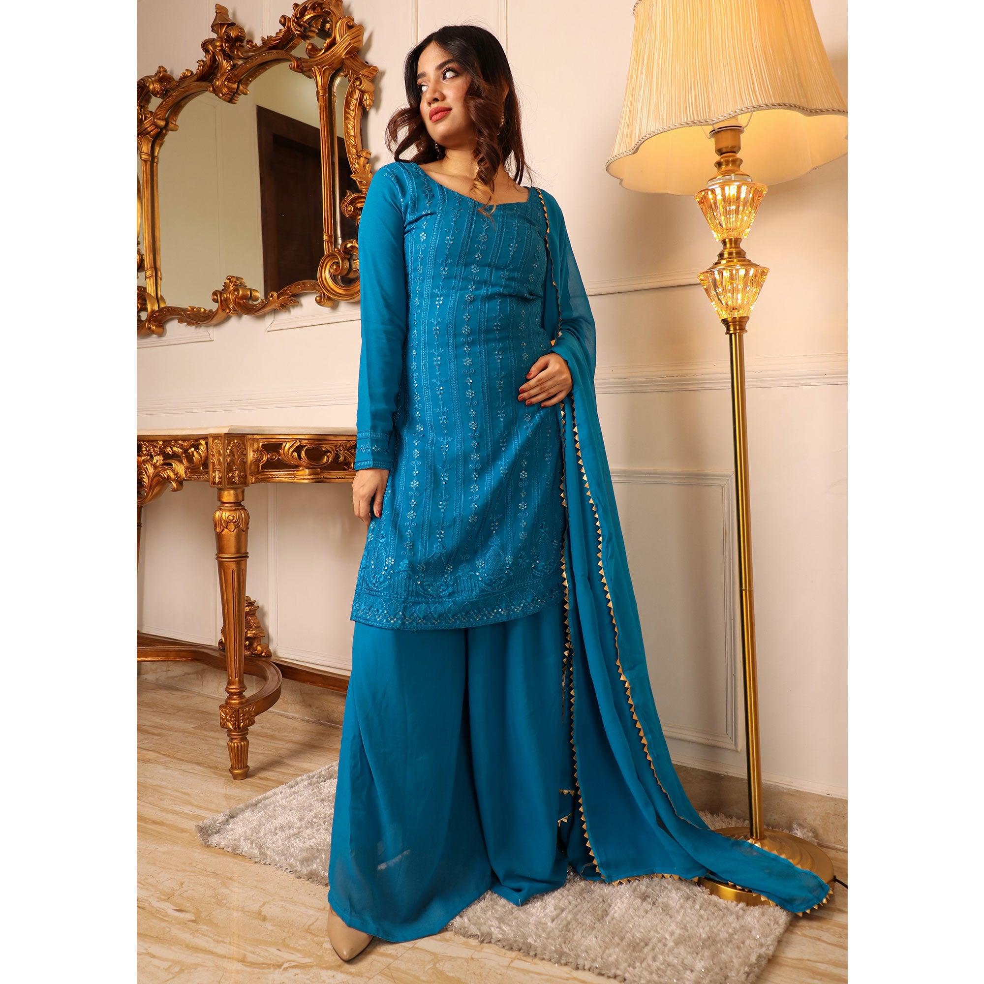 Blue Lucknowi Embroidered Georgette Palazzo Suit - Peachmode