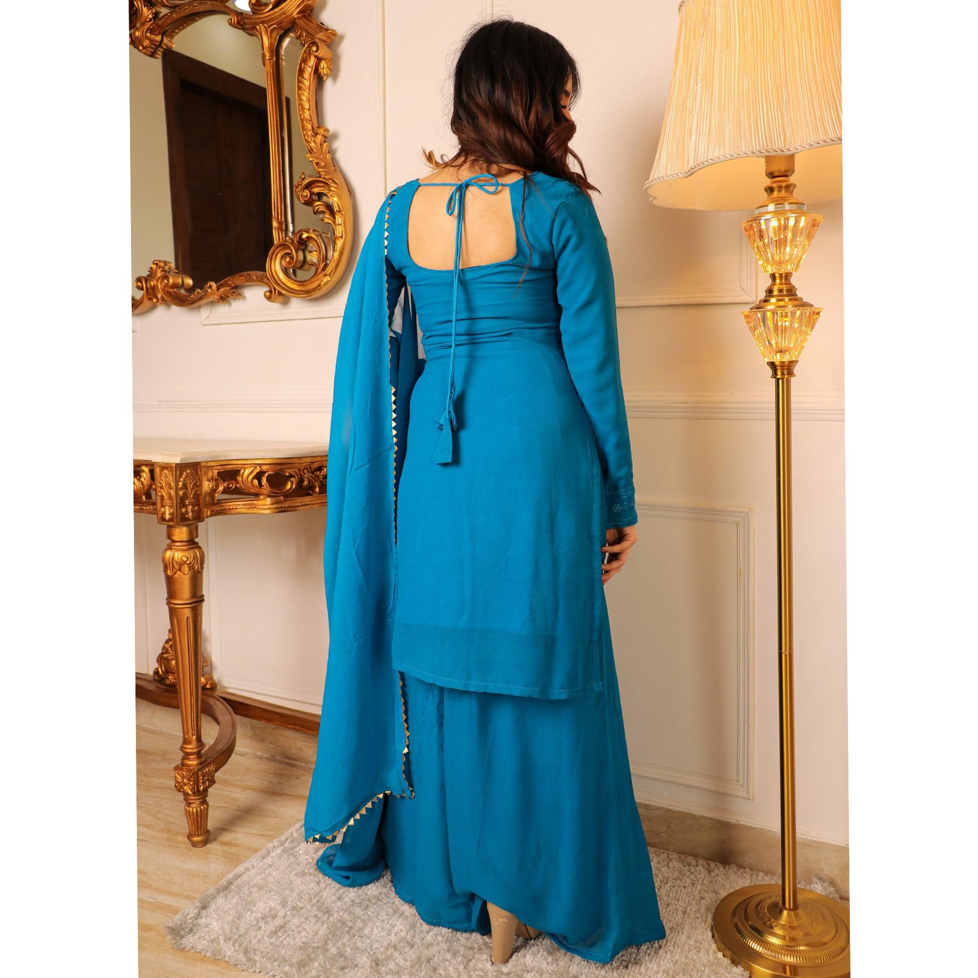 Blue Lucknowi Embroidered Georgette Palazzo Suit - Peachmode