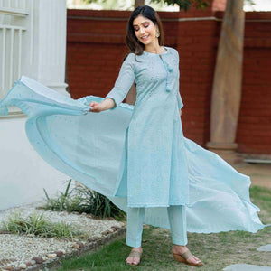 Blue Lucknowi Embroidered Pure Cotton Kurti Pant Set With Dupatta - Peachmode