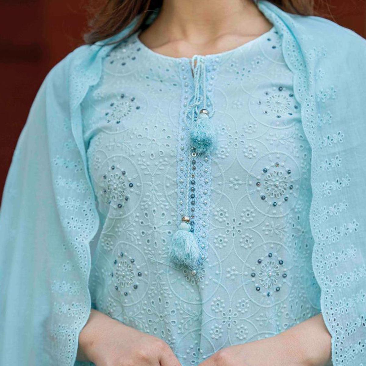 Blue Lucknowi Embroidered Pure Cotton Kurti Pant Set With Dupatta - Peachmode