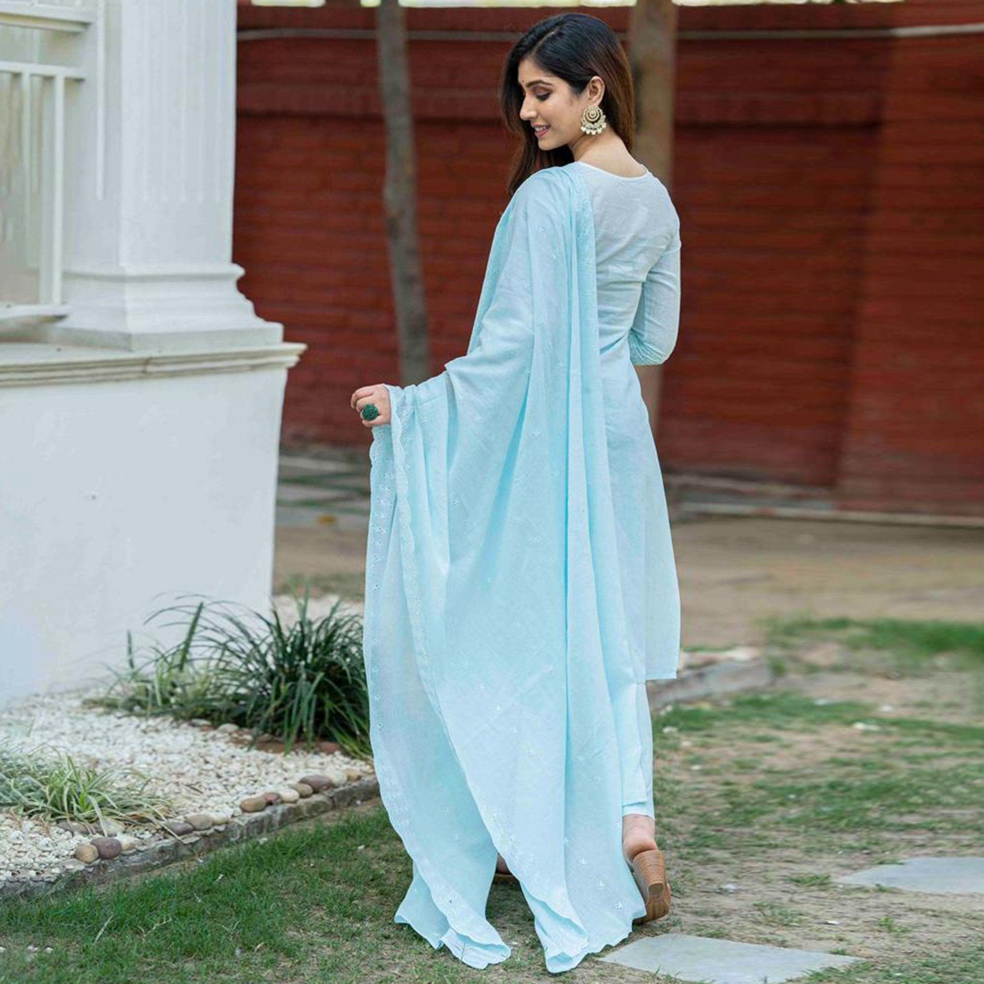 Blue Lucknowi Embroidered Pure Cotton Kurti Pant Set With Dupatta - Peachmode