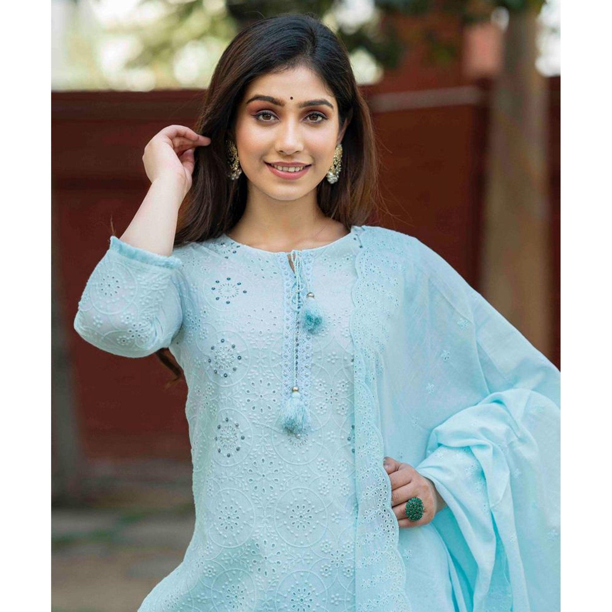 Blue Lucknowi Embroidered Pure Cotton Kurti Pant Set With Dupatta - Peachmode