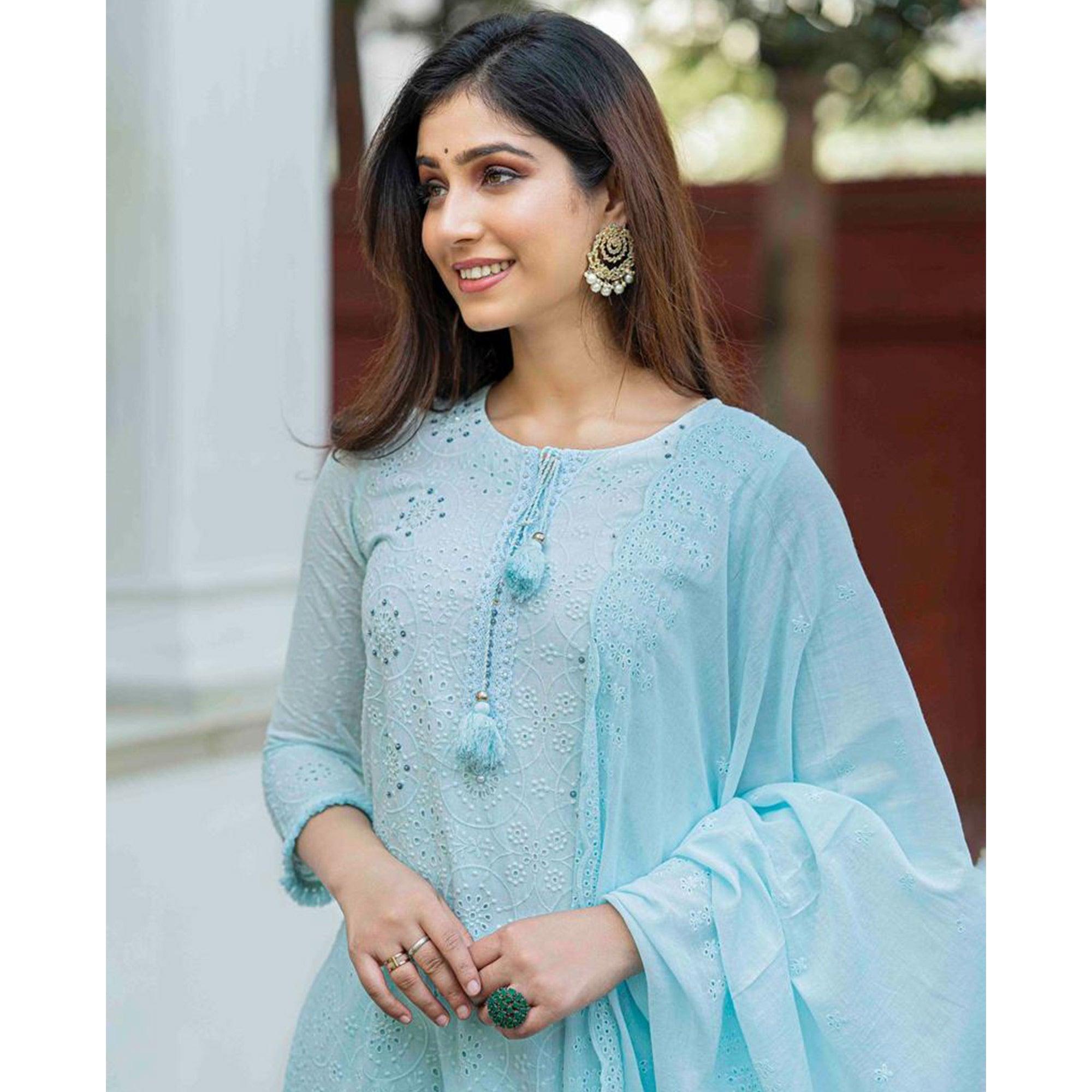Blue Lucknowi Embroidered Pure Cotton Kurti Pant Set With Dupatta - Peachmode