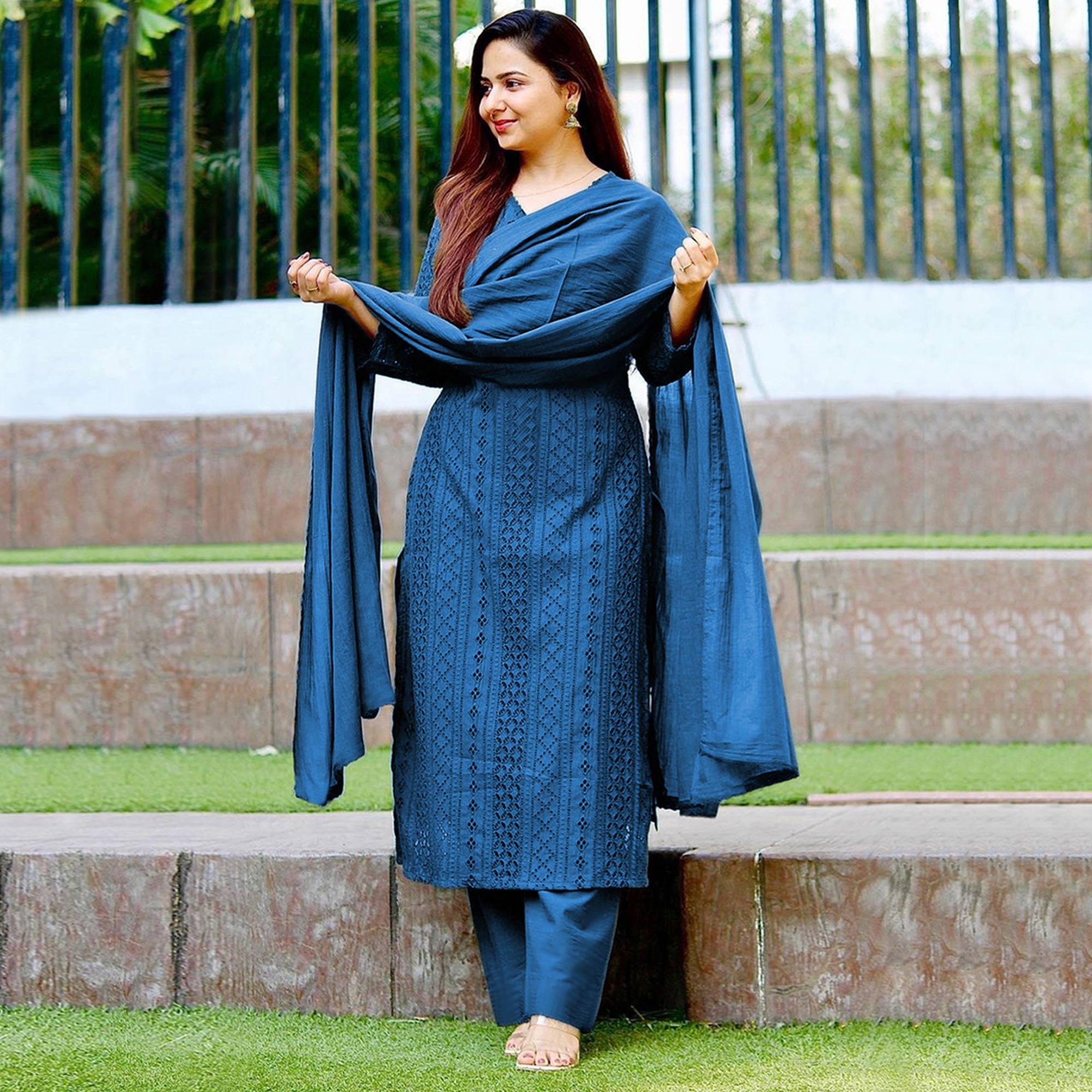 Blue Lucknowi Embroidered Rayon Suit - Peachmode