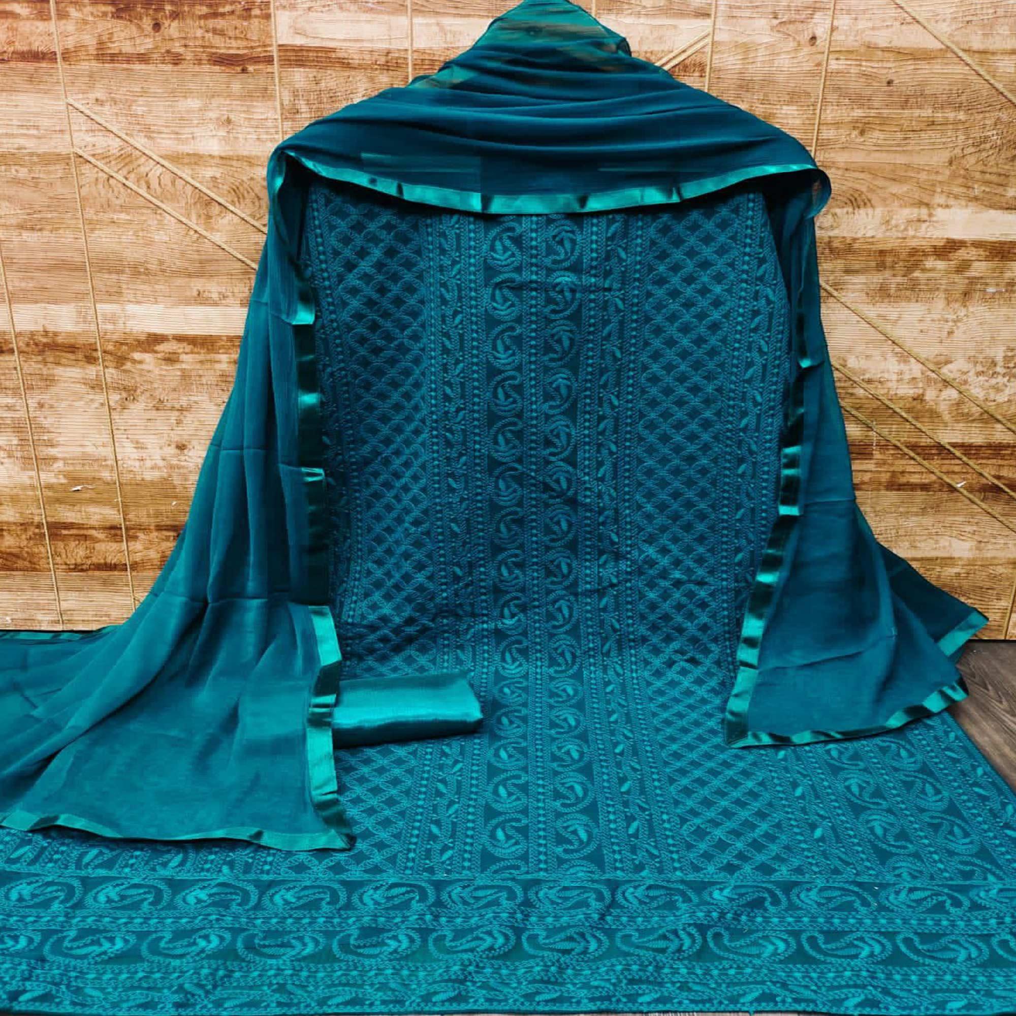 Blue Lucknowi Georgette Dress Material - Peachmode