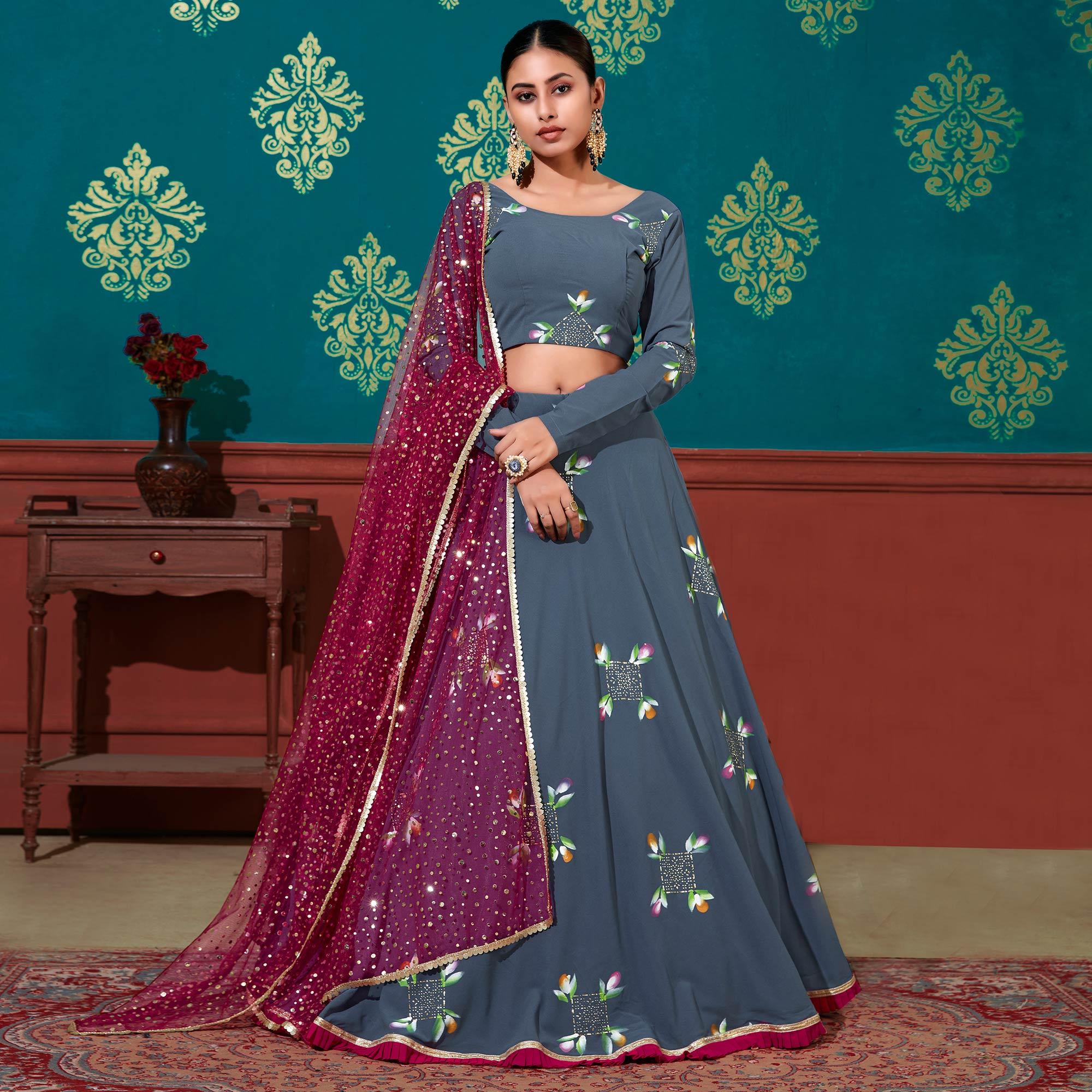 Blue-Magenta Wedding Wear Pigment Foil Printed Work Georgette Lehenga Choli - Peachmode