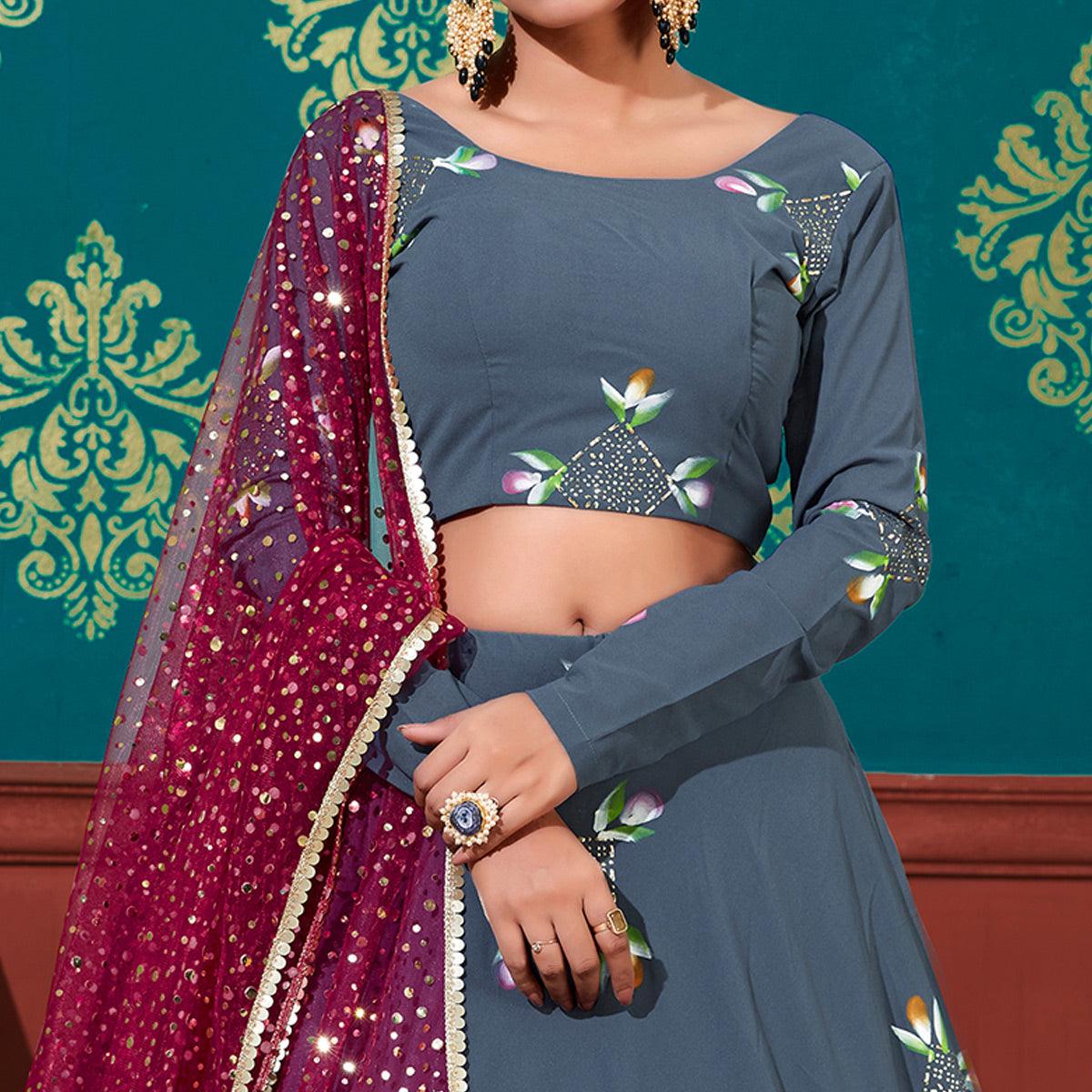 Blue-Magenta Wedding Wear Pigment Foil Printed Work Georgette Lehenga Choli - Peachmode