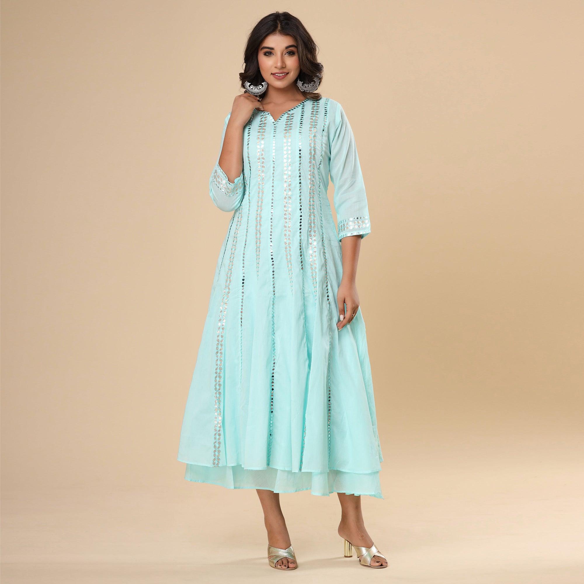 Blue Mirror Embroidered Pure Cotton Dress - Peachmode