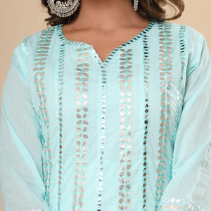 Blue Mirror Embroidered Pure Cotton Dress - Peachmode