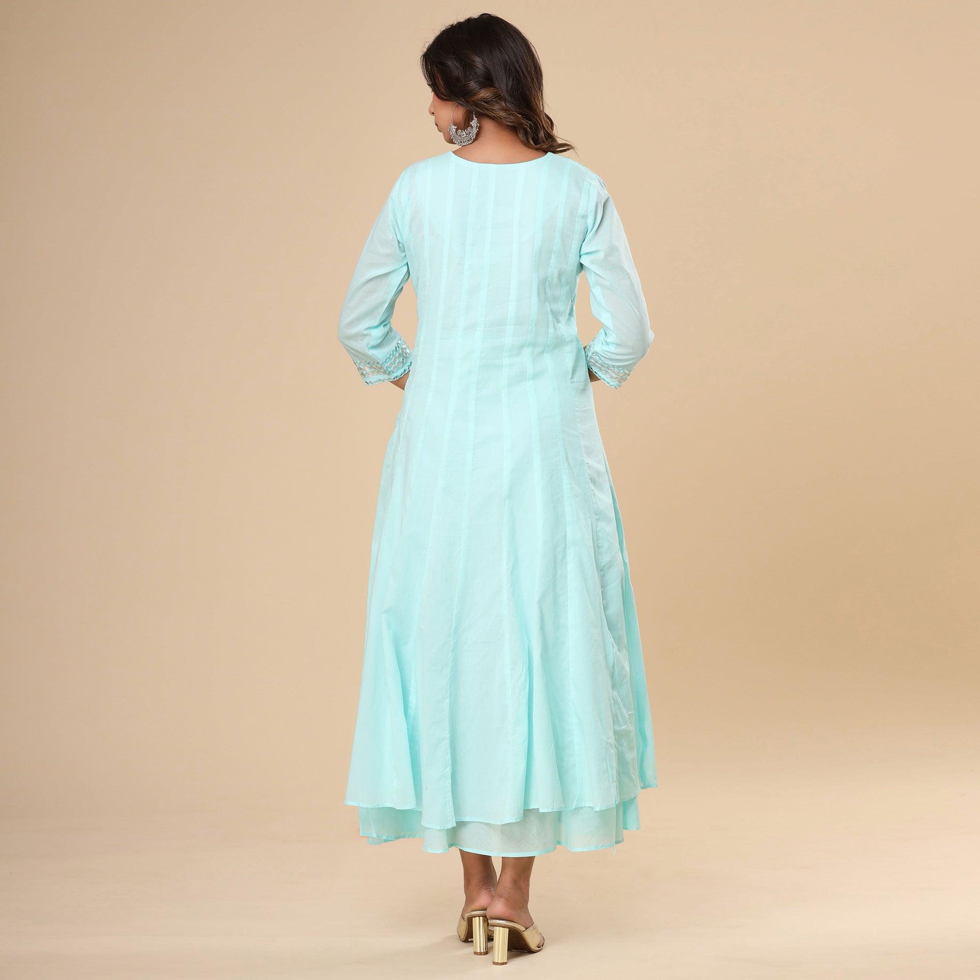 Blue Mirror Embroidered Pure Cotton Dress - Peachmode