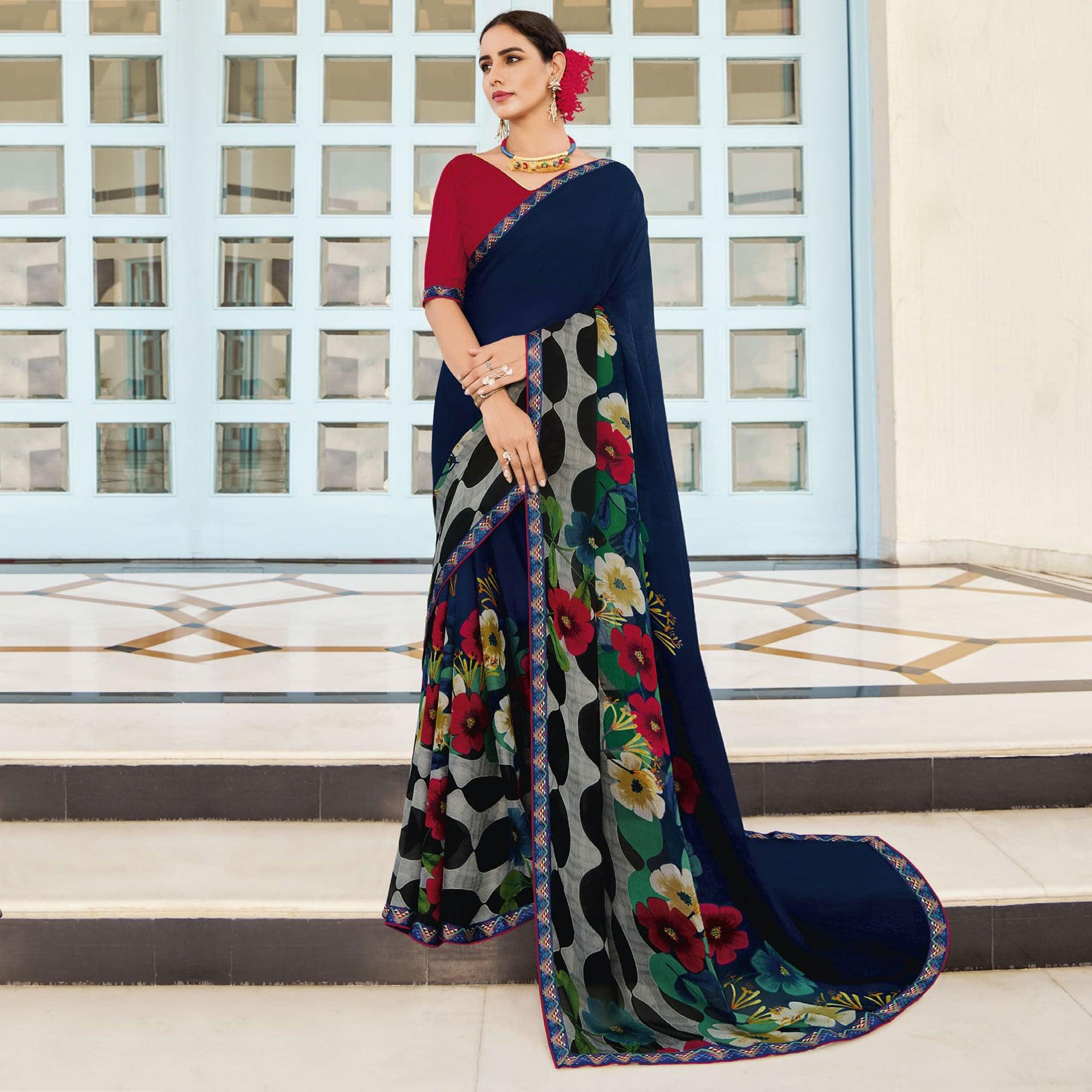 Blue Multicolored Partywear Floral Printed Chiffon Saree - Peachmode