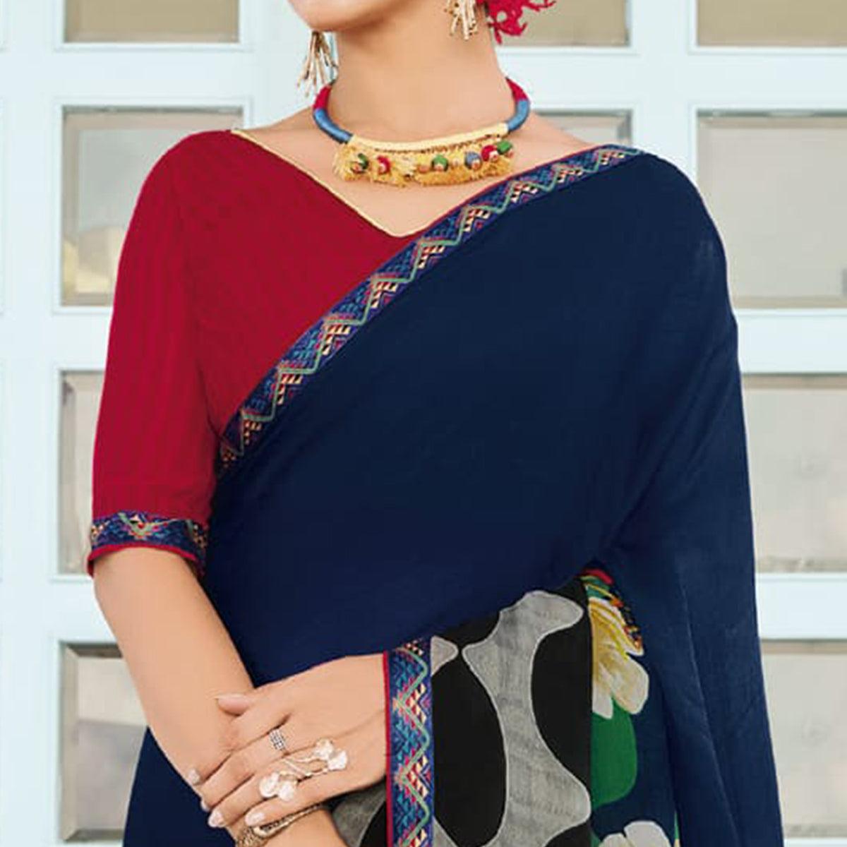 Blue Multicolored Partywear Floral Printed Chiffon Saree - Peachmode