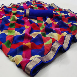 Blue - Multicolored Printed Georgette Saree With Fancy lace Border - Peachmode