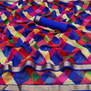Blue - Multicolored Printed Georgette Saree With Fancy lace Border - Peachmode