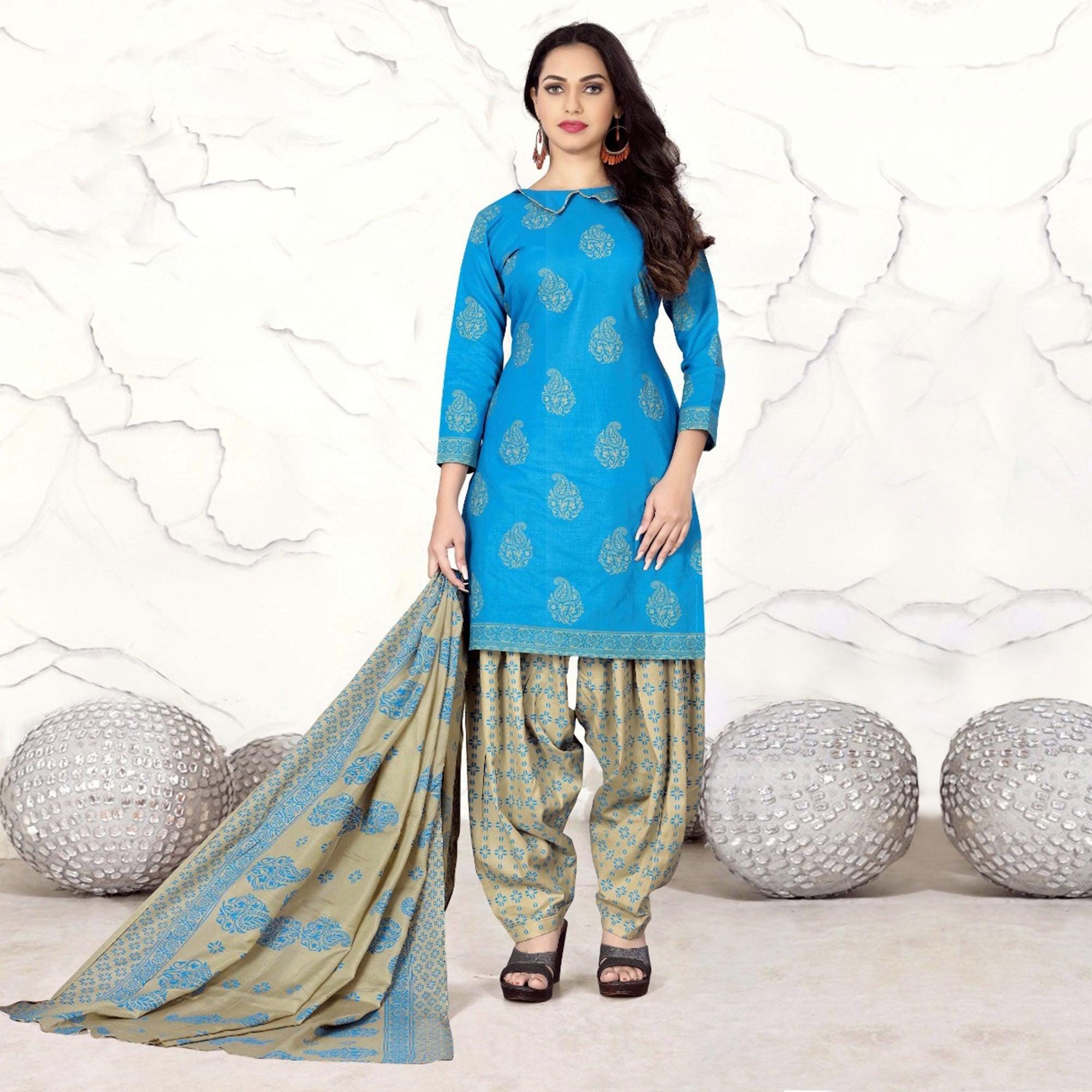 Blue Paisley Printed Cotton Blend Dress Material - Peachmode