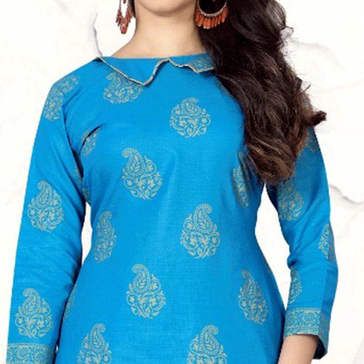 Blue Paisley Printed Cotton Blend Dress Material - Peachmode