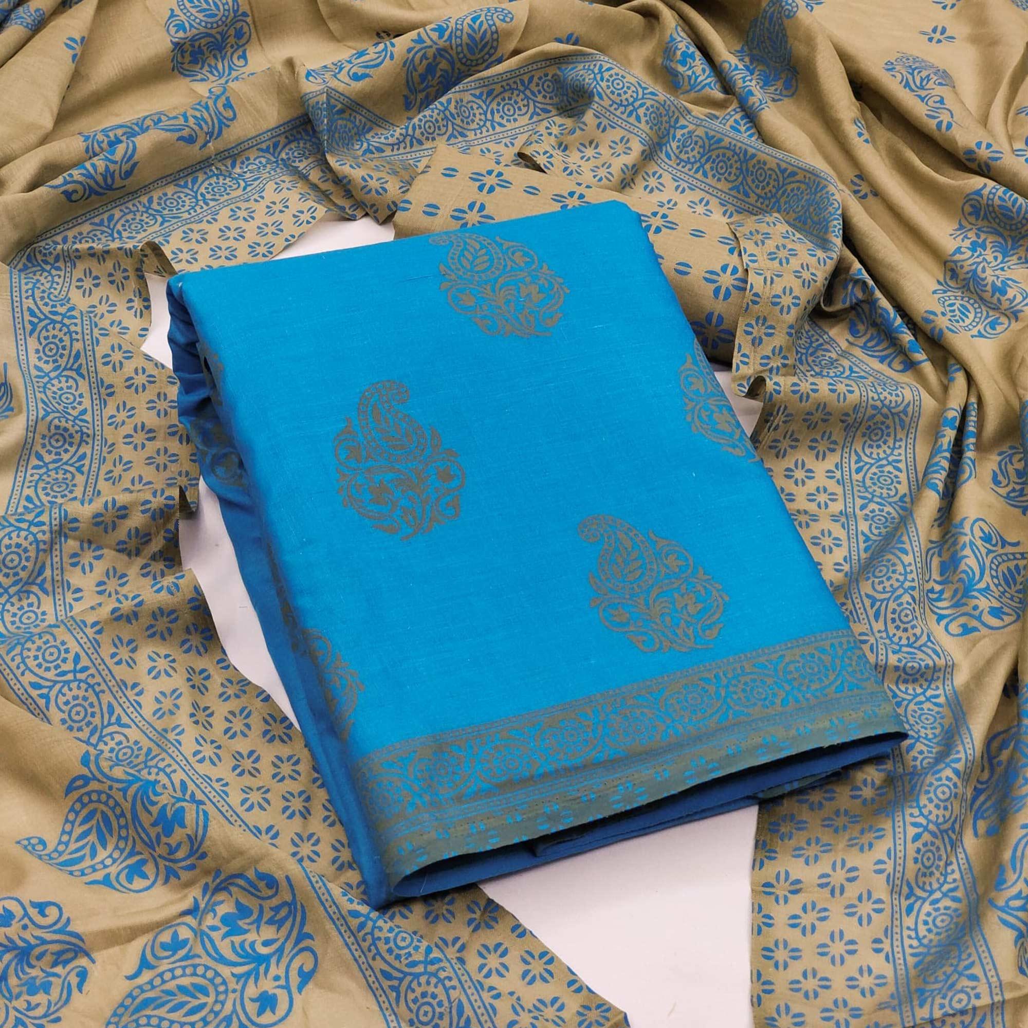 Blue Paisley Printed Cotton Blend Dress Material - Peachmode