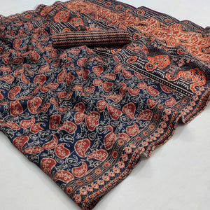 Blue Paisley Printed Pure Cotton Saree - Peachmode