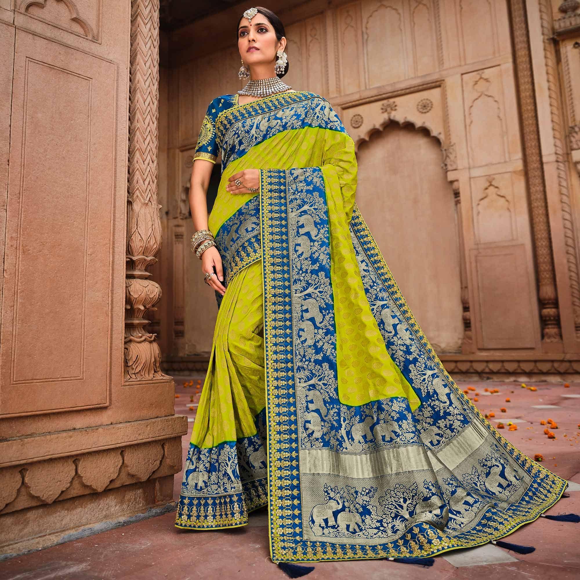 Blue-Parrot Green Festive Wear Woven With Zari & Diamond Work Banarasi Silk Saree - Peachmode