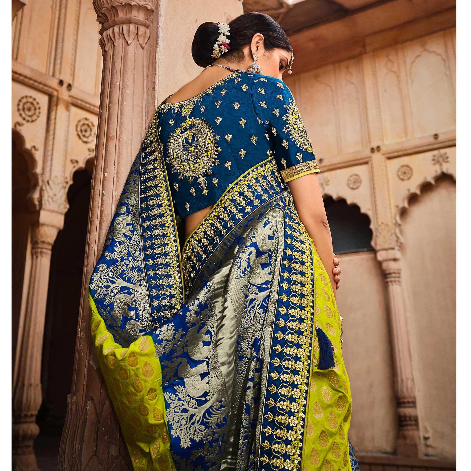 Blue-Parrot Green Festive Wear Woven With Zari & Diamond Work Banarasi Silk Saree - Peachmode