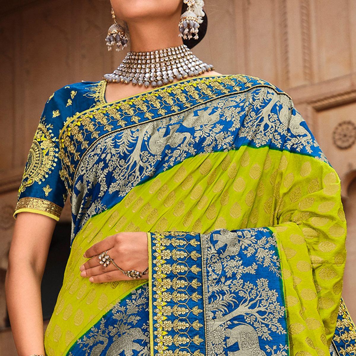 Blue-Parrot Green Festive Wear Woven With Zari & Diamond Work Banarasi Silk Saree - Peachmode