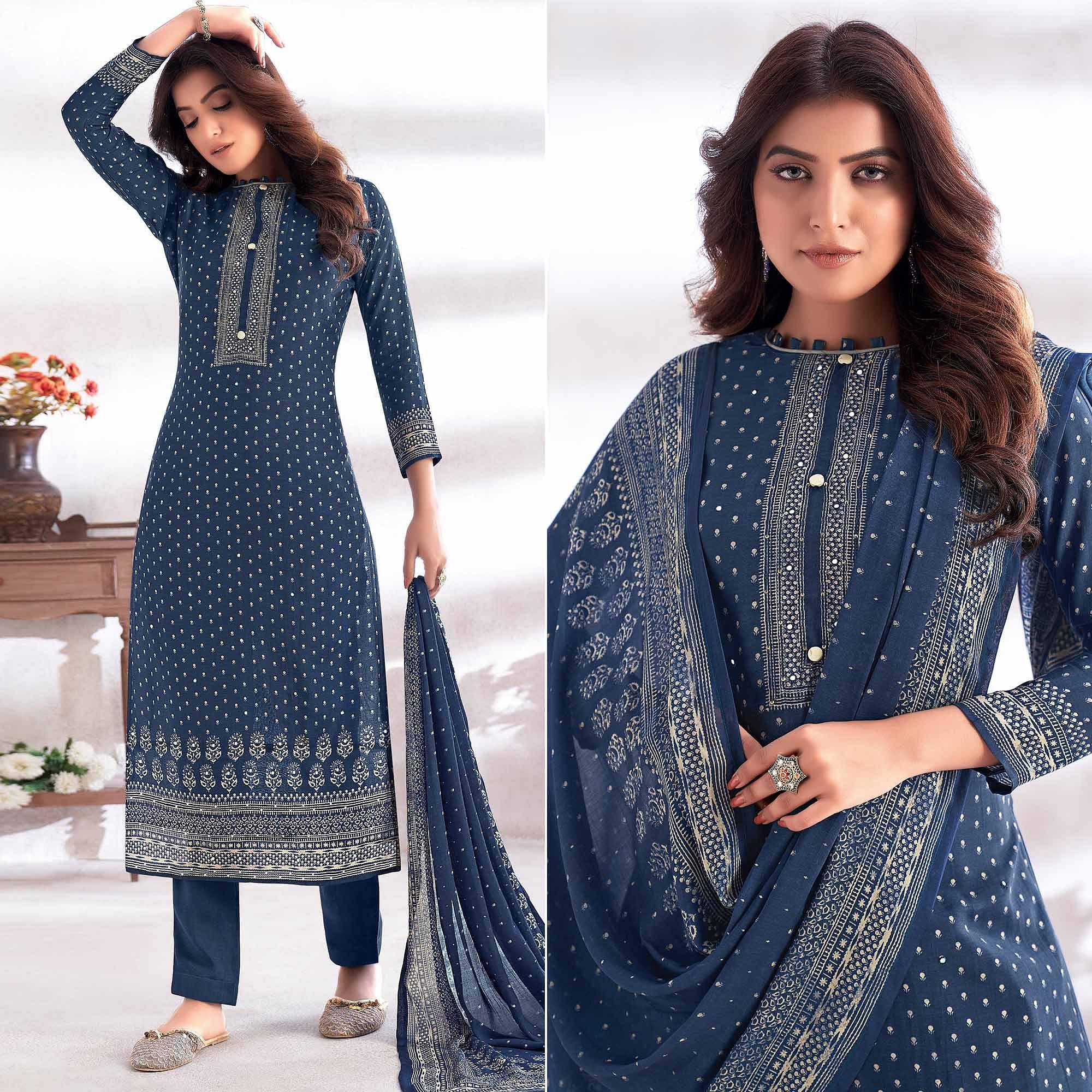 Blue Party Wear Digital Printed & Hand Work Cotton Silk Suit - Peachmode