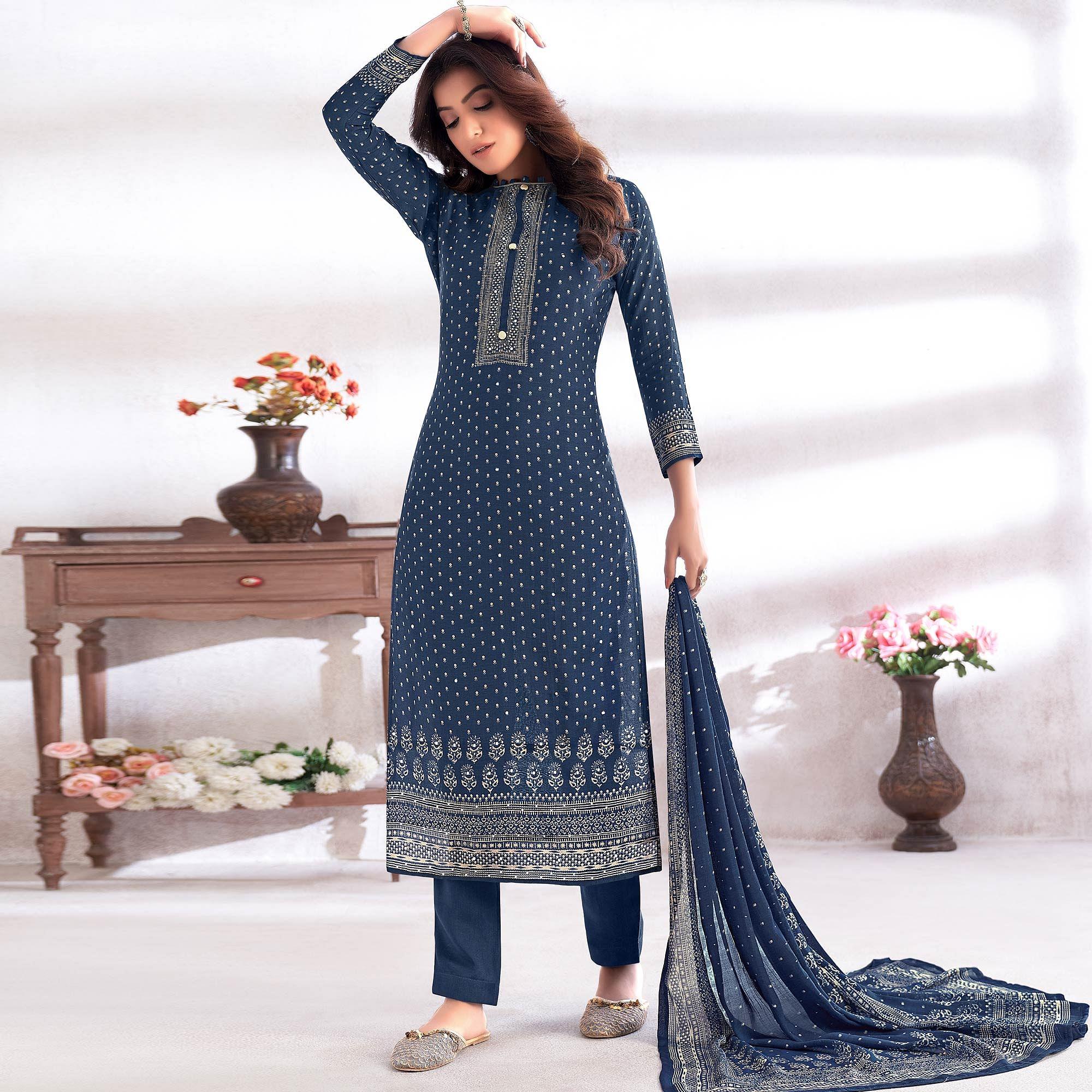 Blue Party Wear Digital Printed & Hand Work Cotton Silk Suit - Peachmode