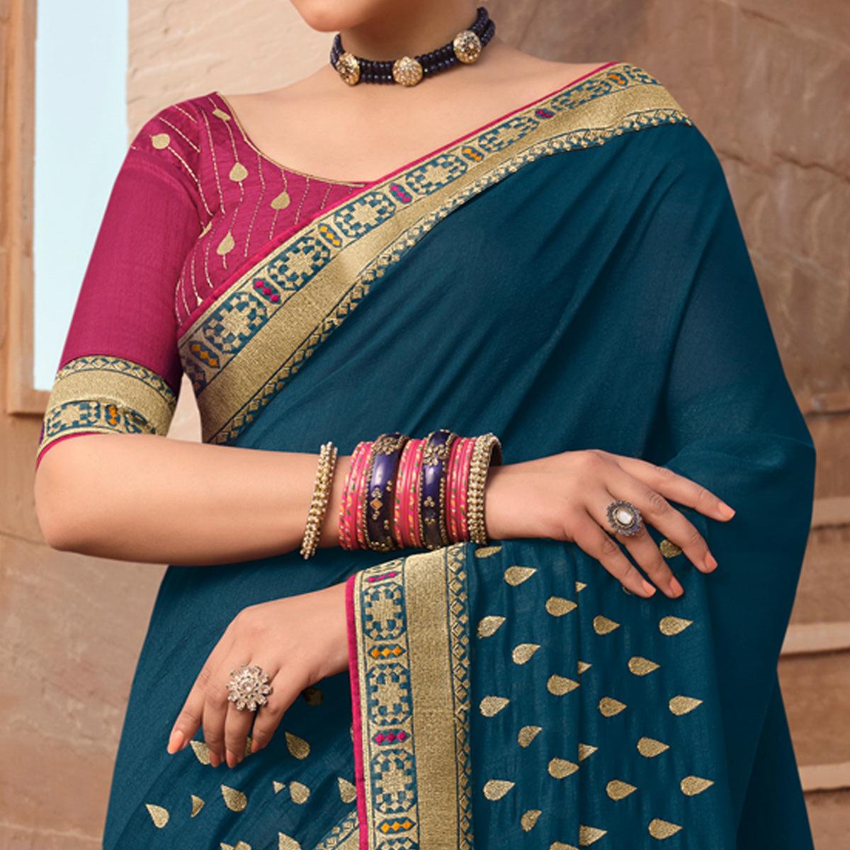 Blue Party Wear Embroidered Art Silk Saree - Peachmode