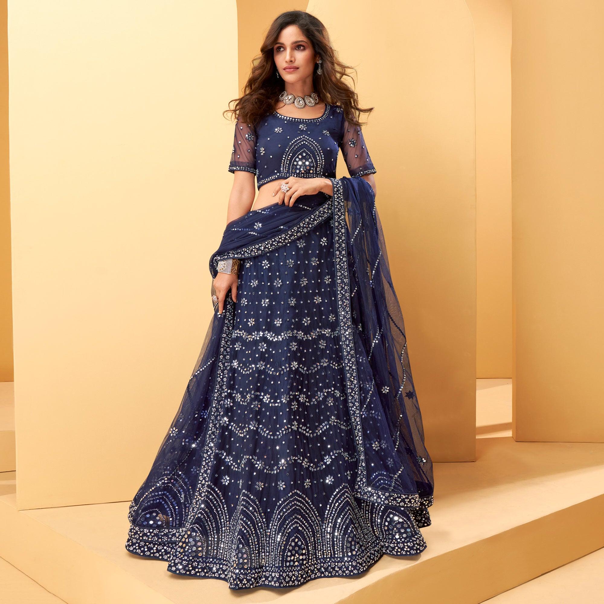 Blue Party Wear Embroidered-Embellished Netted Lehenga Choli - Peachmode