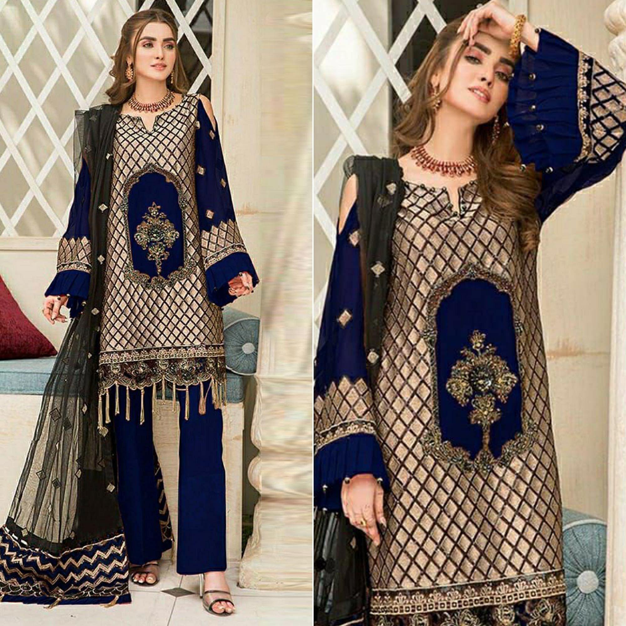 Blue Party Wear Embroidered Georgette Pakistani Suit - Peachmode