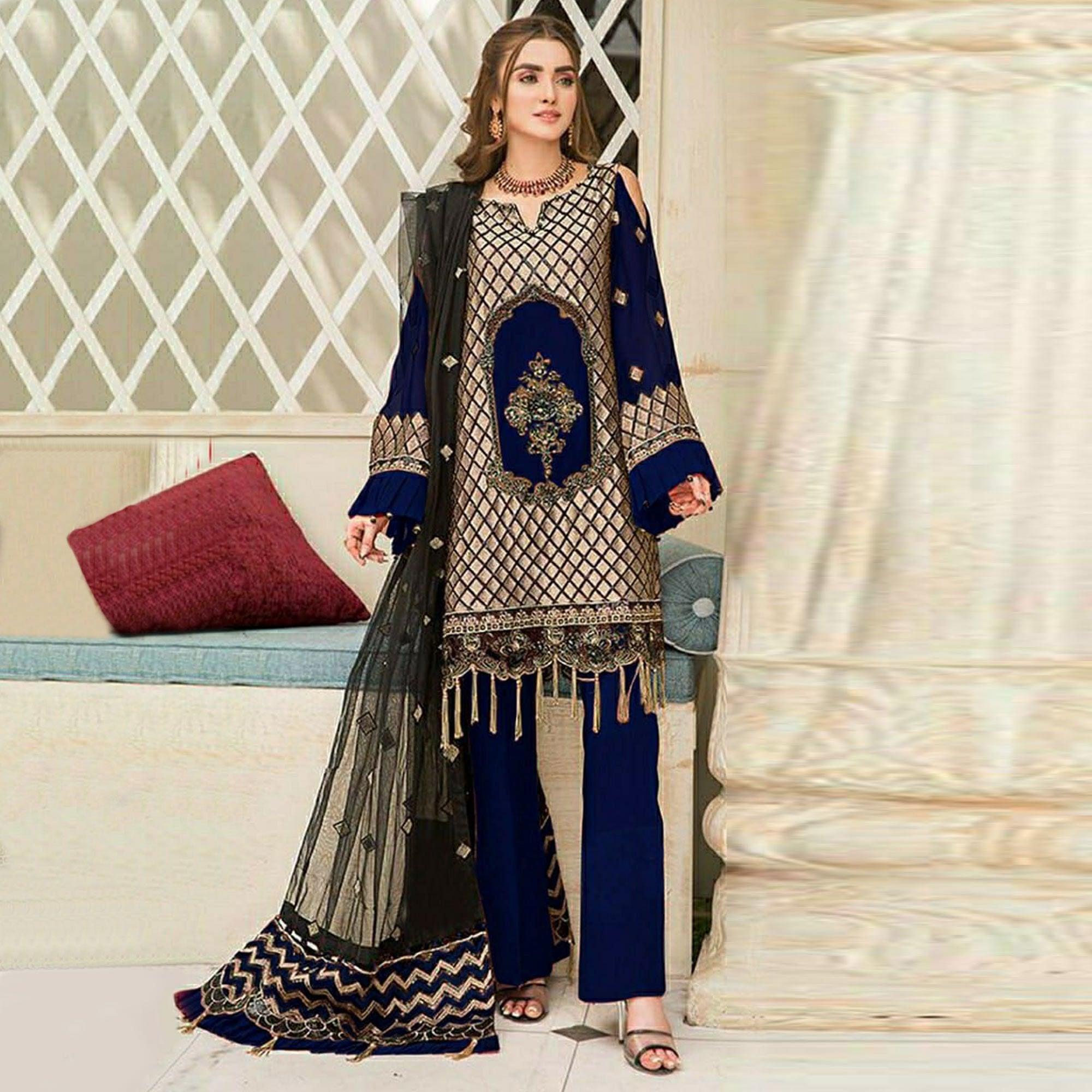 Blue Party Wear Embroidered Georgette Pakistani Suit - Peachmode
