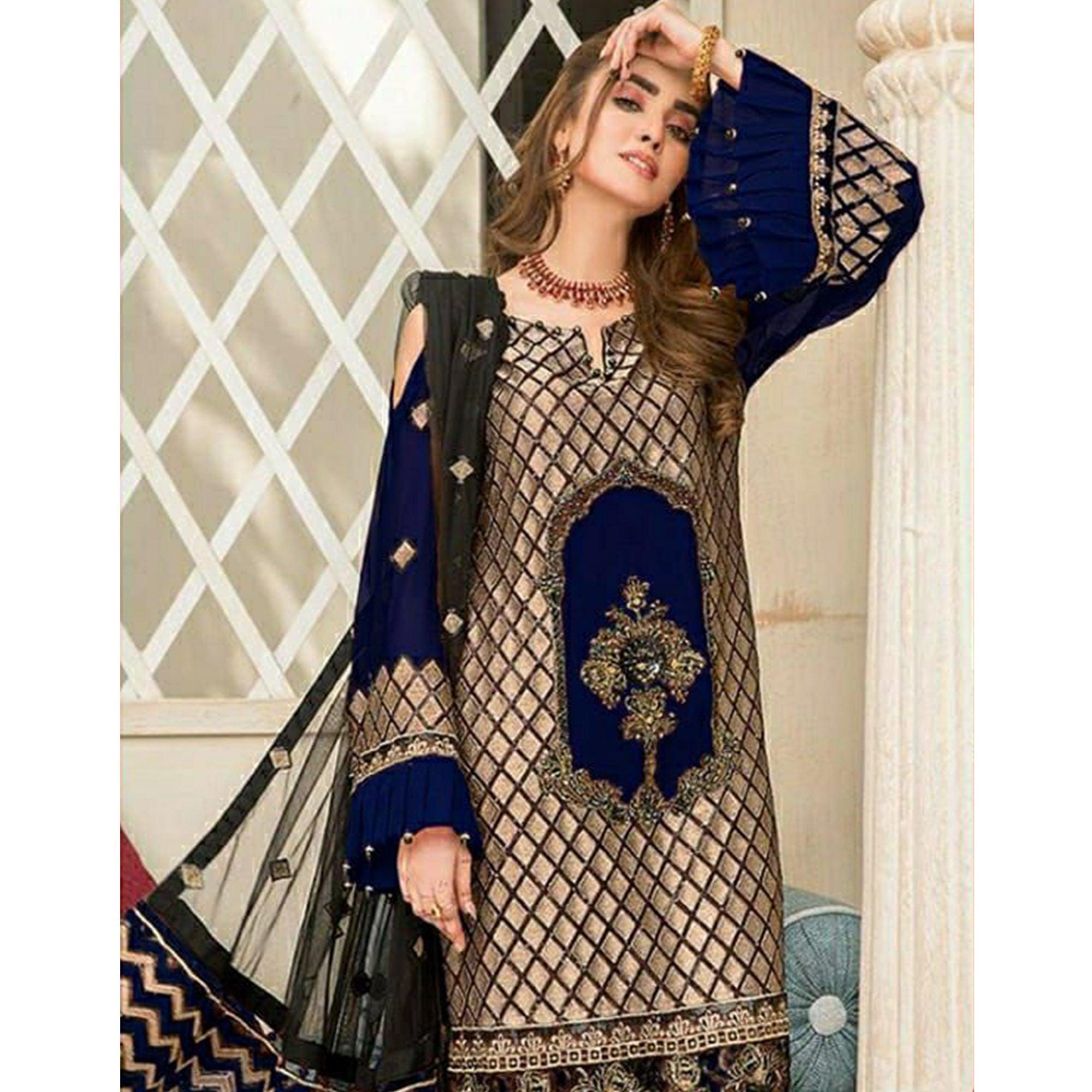 Blue Party Wear Embroidered Georgette Pakistani Suit - Peachmode