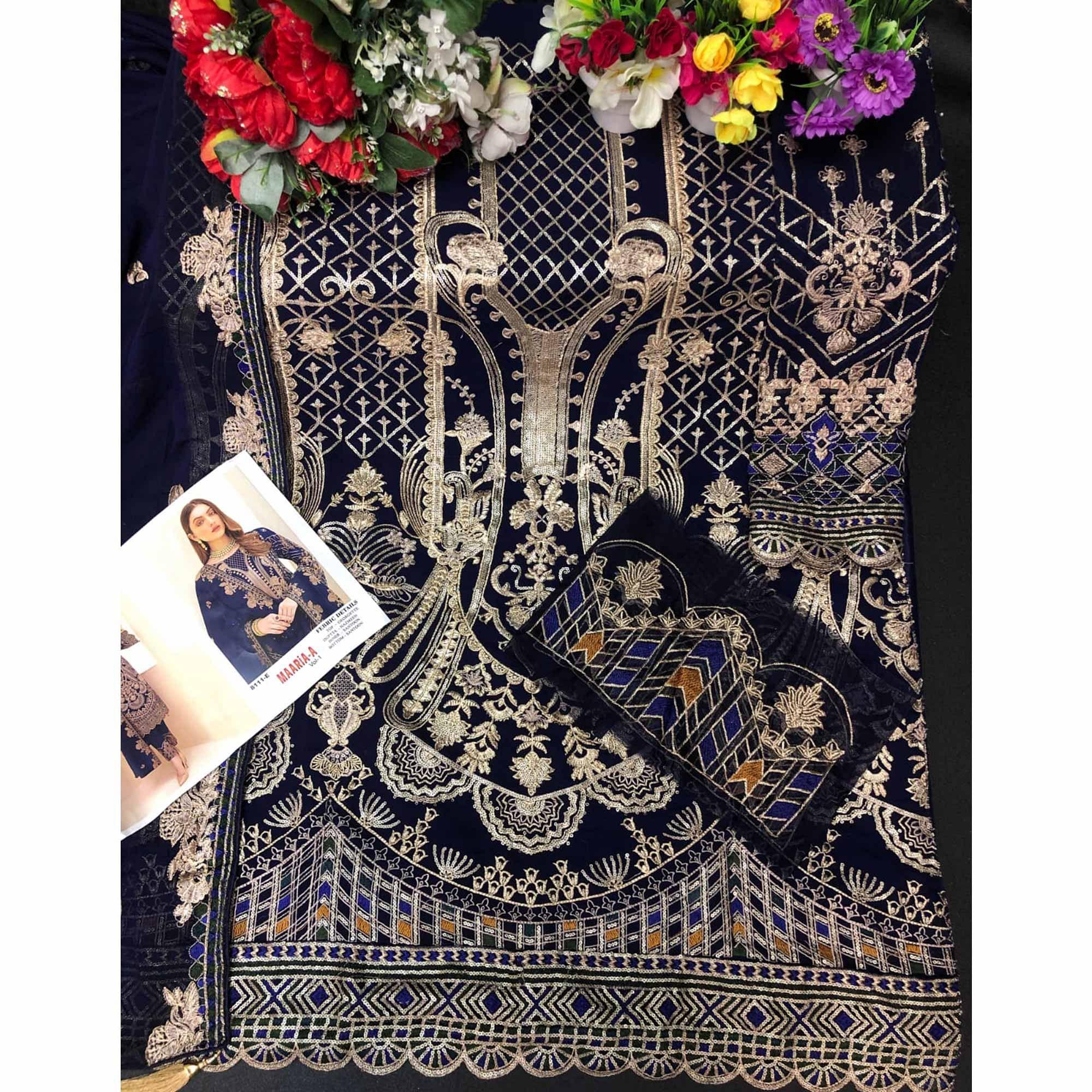 Blue Party Wear Embroidered Georgette Pakistani Suit - Peachmode