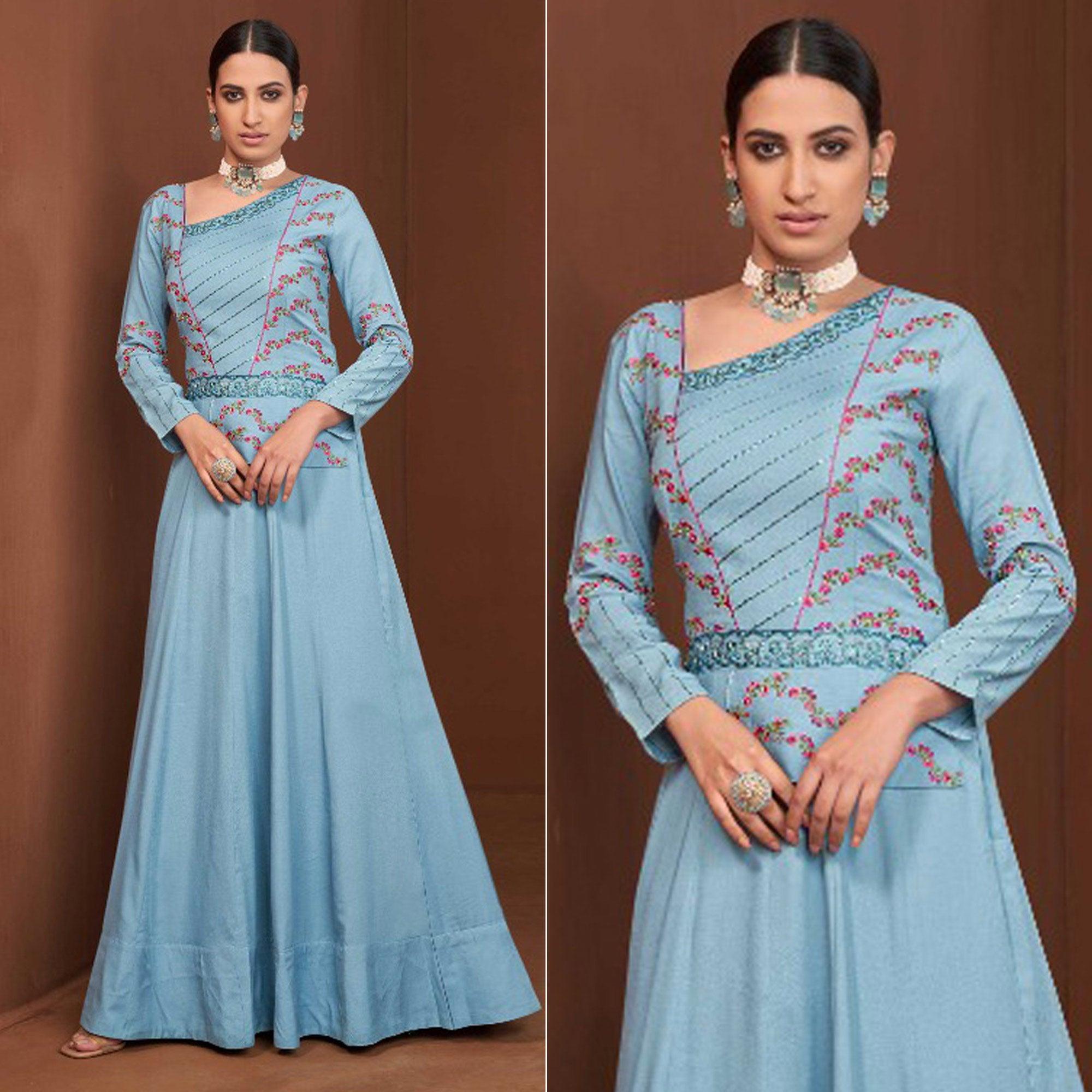 Blue Party Wear Embroidered Muslin Cotton Silk Gown - Peachmode